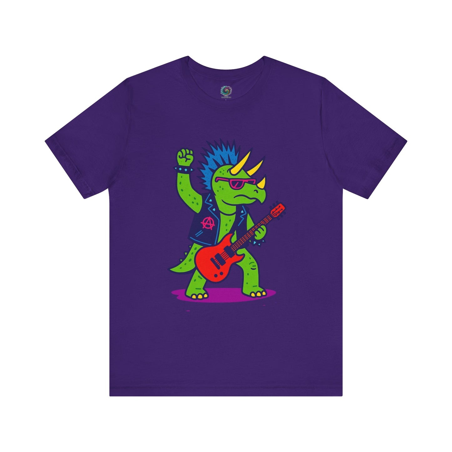 Punk Rock Triceratops T-Shirt – Funny Dinosaur Tee for Adults in team purple, showcasing a cool triceratops rocker in bold neon hues.