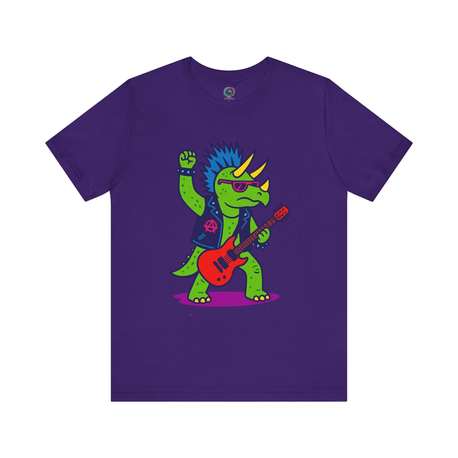 Punk Rock Triceratops T-Shirt – Funny Dinosaur Tee for Adults in team purple, showcasing a cool triceratops rocker in bold neon hues.