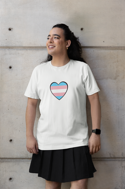 Transgender Pride Flag Heart T-Shirt – LGBTQ+ Trans Flag Graphic Tee in heather aqua, modeled with pride; features a bold transgender flag heart to celebrate gender identity and inclusive love.