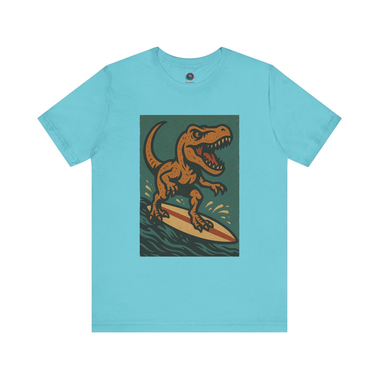 Surfing T-Rex T-Shirt – Funny surfing Dinosaur Graphic Tee in turquoise, featuring a dinosaur surfing in paradise — a surf tee made for dinosaur vacations.