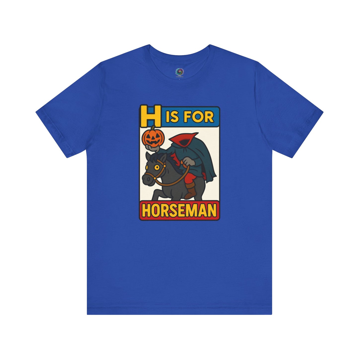 H is for Horseman T-Shirt – Headless Horseman Halloween Tee in true royal, flat lay headless horseman shirt with alphabet monster artwork.