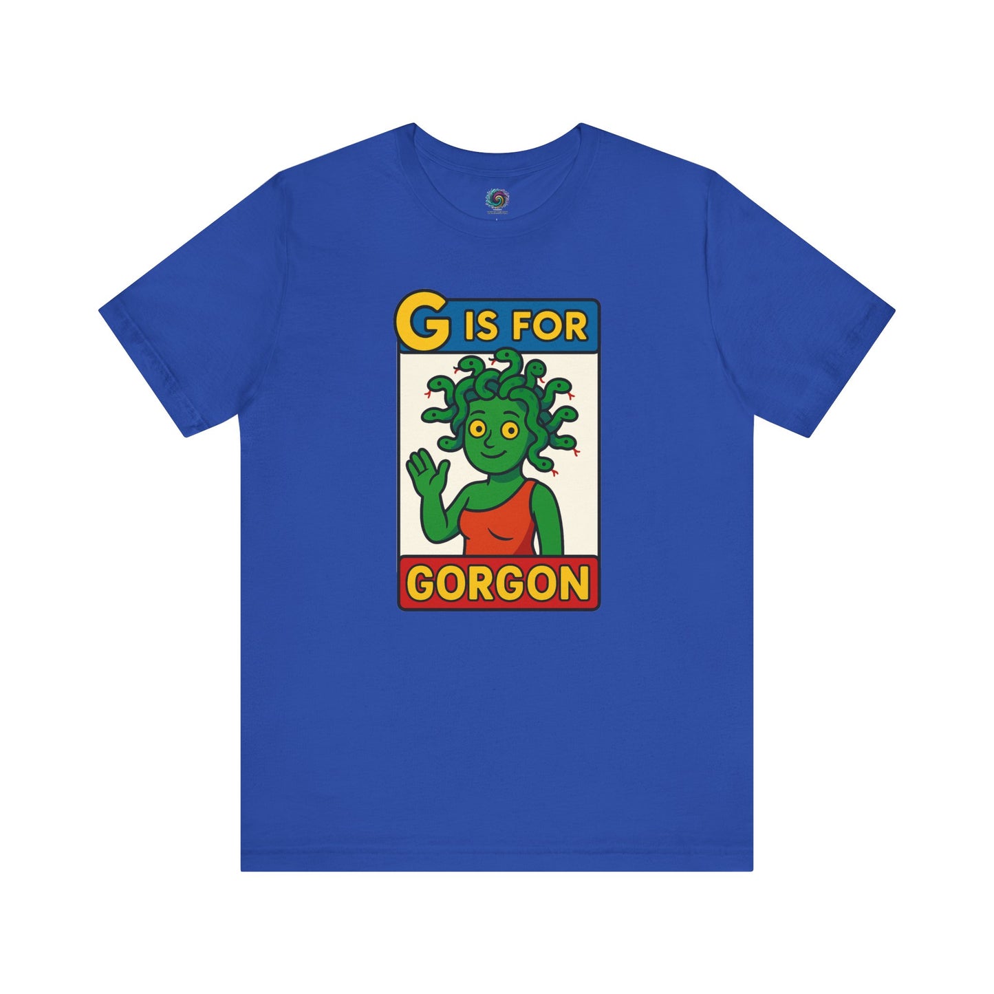 G is for Gorgon tshirt in true royal blue, halloween gorgon shirt with cartoon gorgon head design.