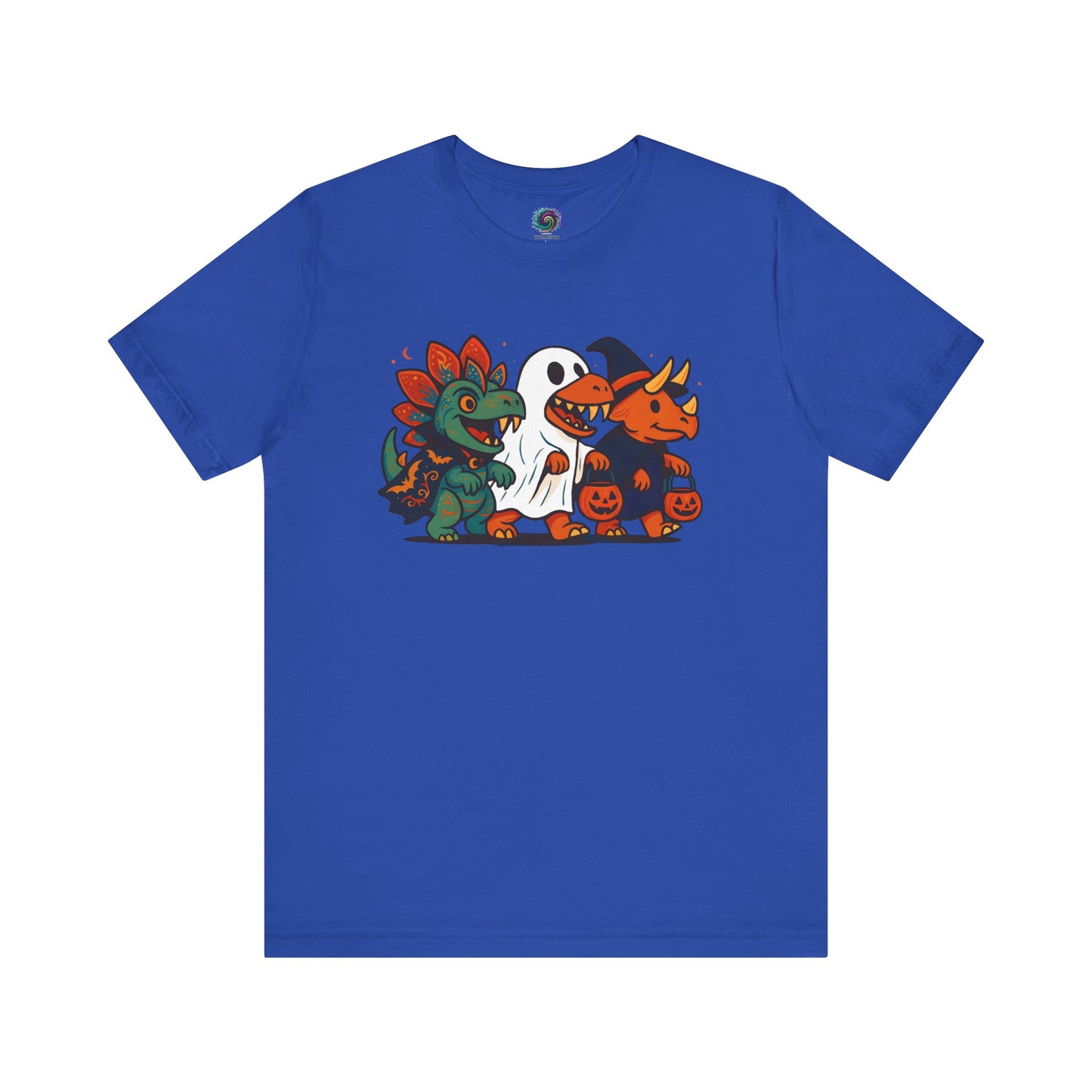 Blue t-shirt with cartoon dinosaurs trick-or-treating in Halloween costumes on a white background