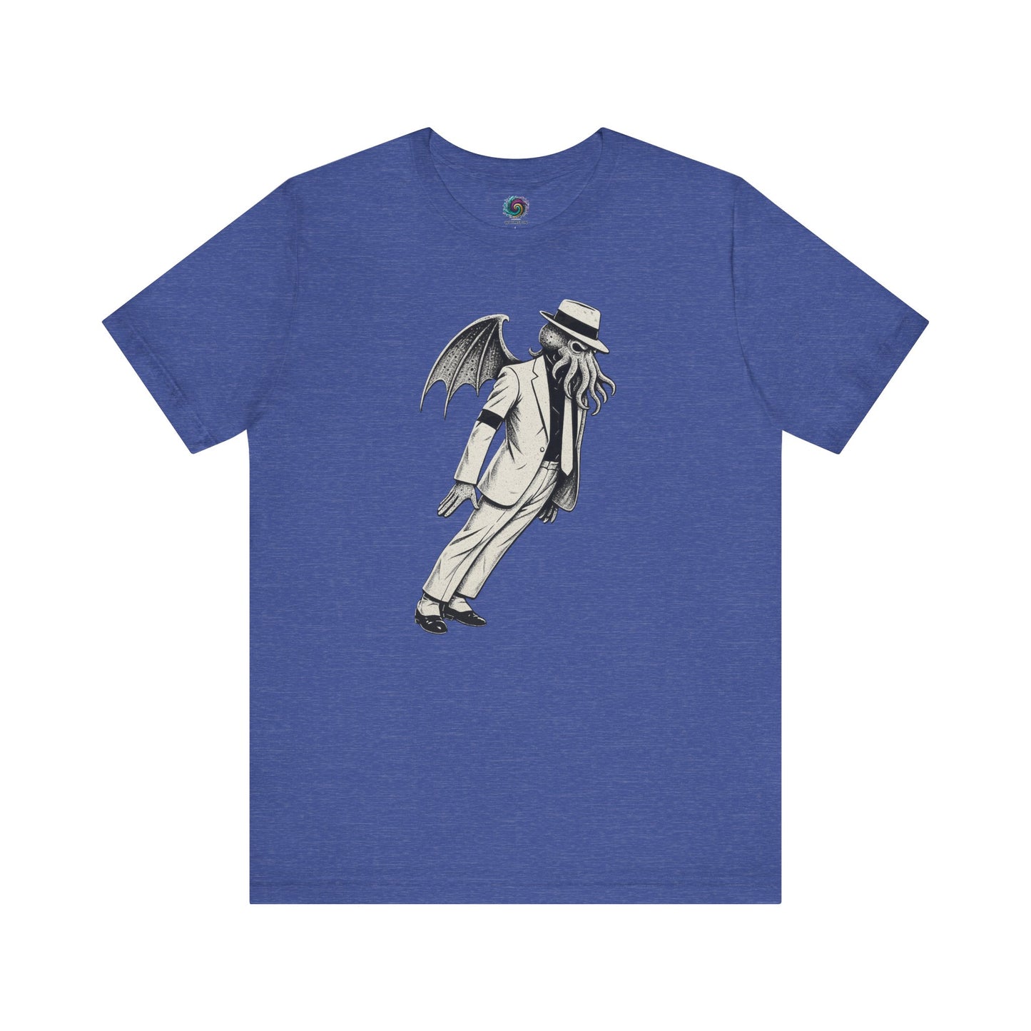 Smooth Cthulhu Unisex T-Shirt – Lovecraft Meets Smooth Criminal Style in heather true royal, flat lay parody design of Smooth Cthulhu.