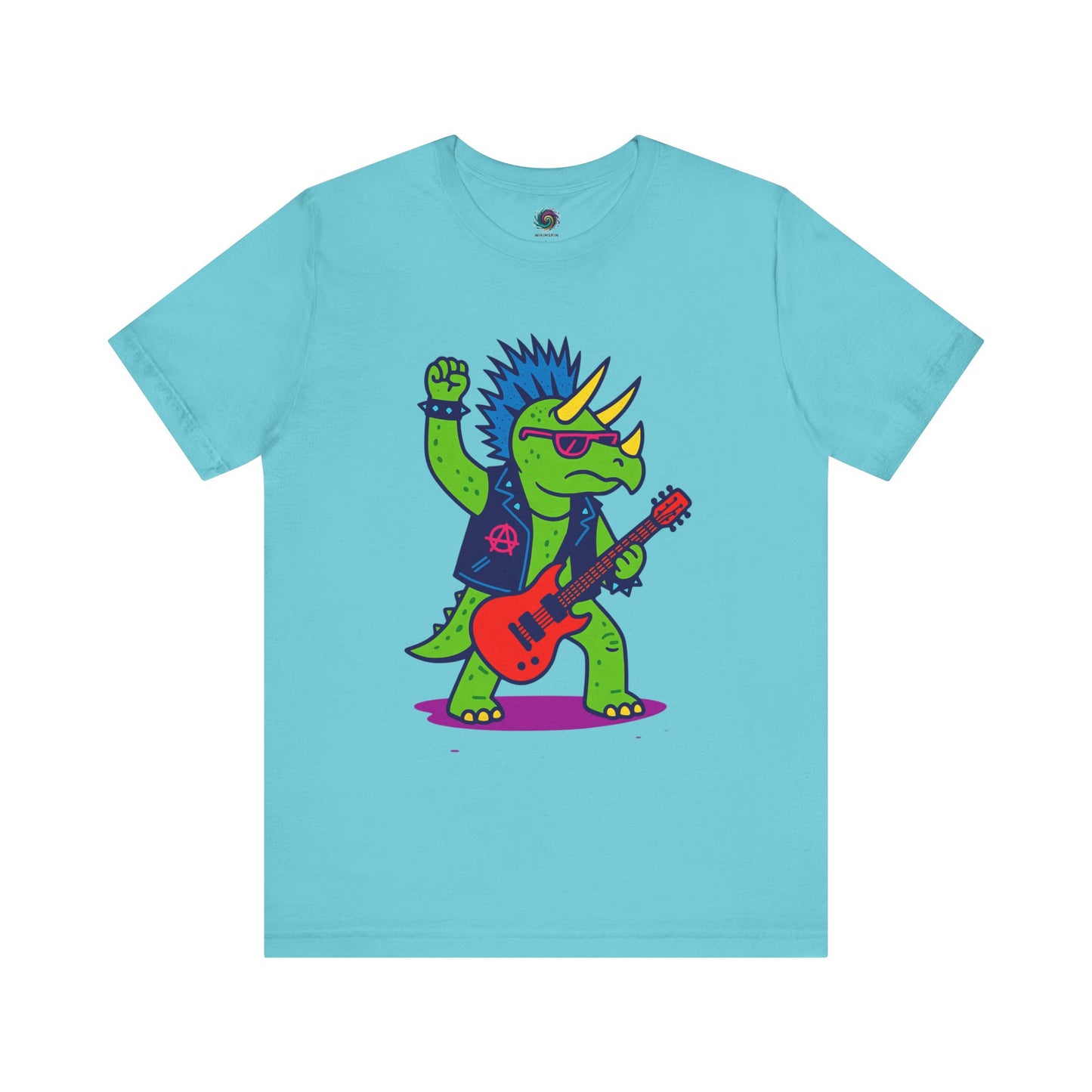 Punk Rock Triceratops T-Shirt – Funny Dinosaur Tee for Adults in turquoise, great for anyone who loves punk dinosaurs and triceratops music themes.
