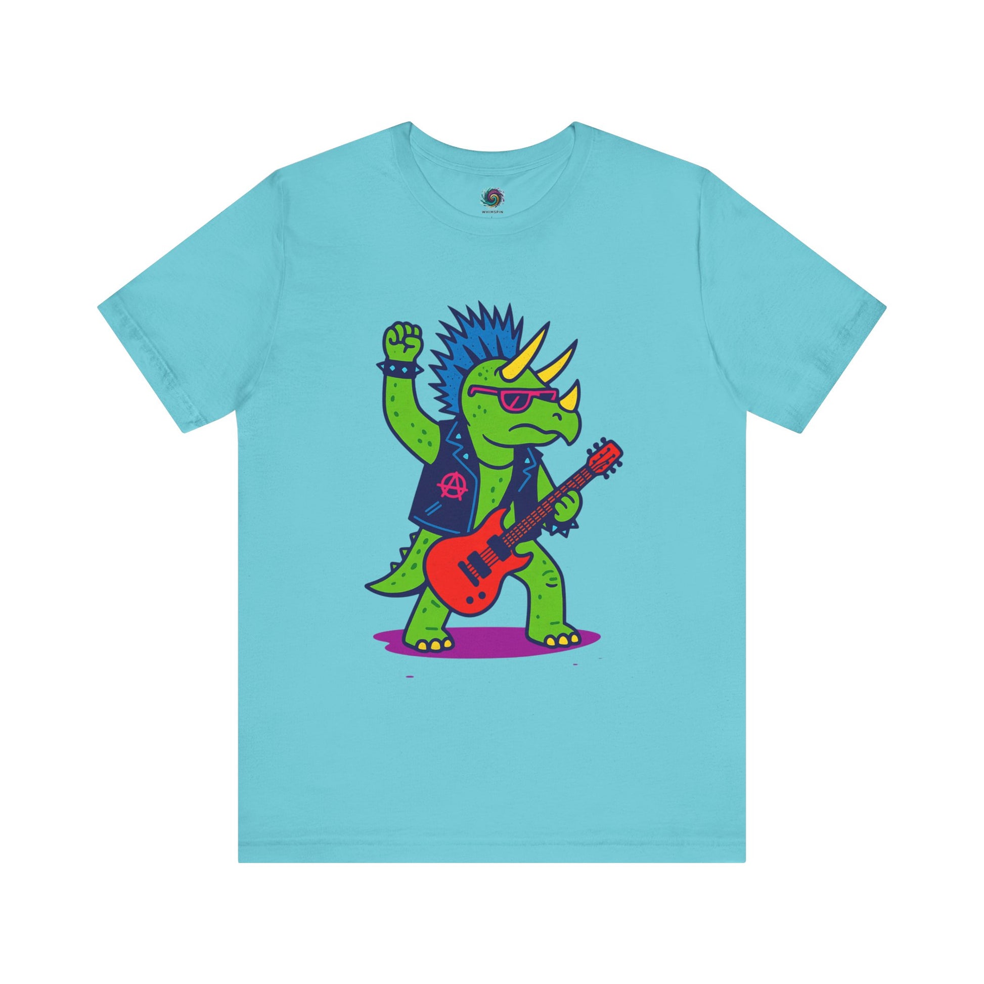 Punk Rock Triceratops T-Shirt – Funny Dinosaur Tee for Adults in turquoise, great for anyone who loves punk dinosaurs and triceratops music themes.