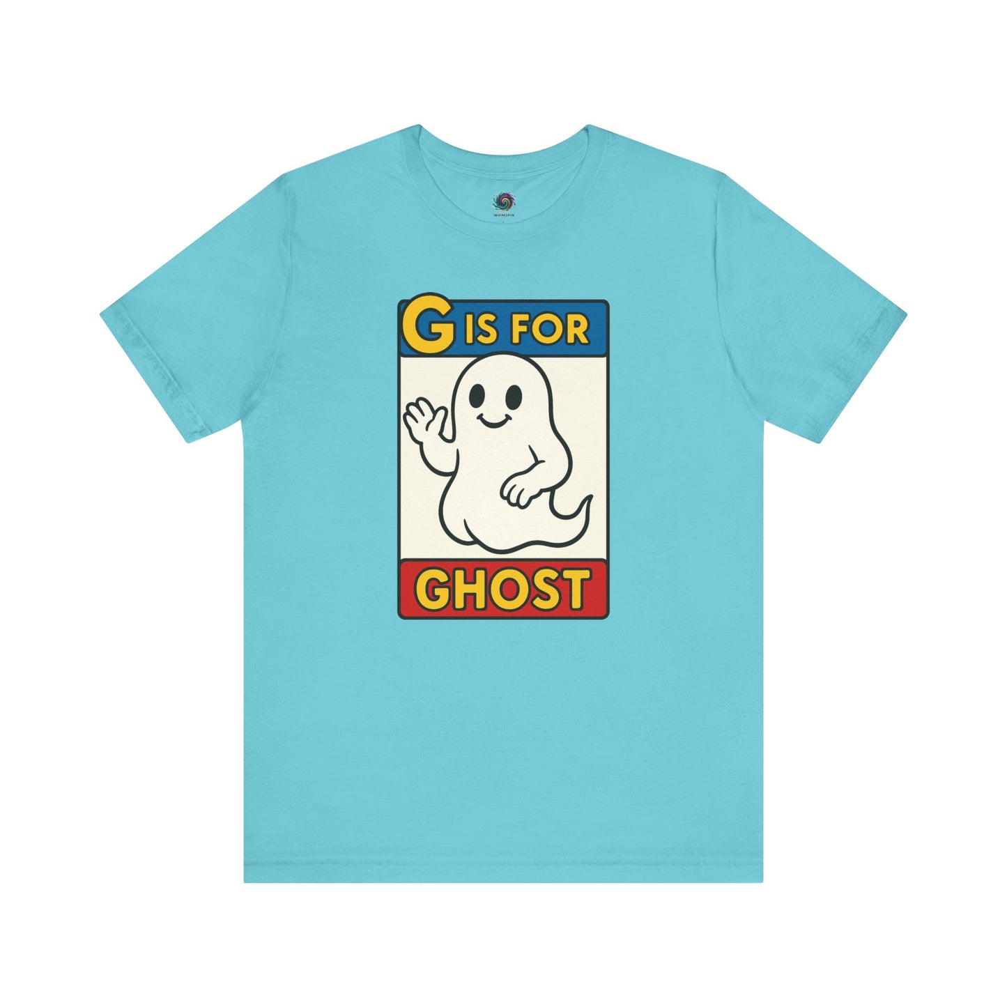 G is for Ghost T-Shirt – Funny Monster Alphabet Halloween Tee in turquoise, flat lay cartoon ghost alphabet shirt for Halloween.