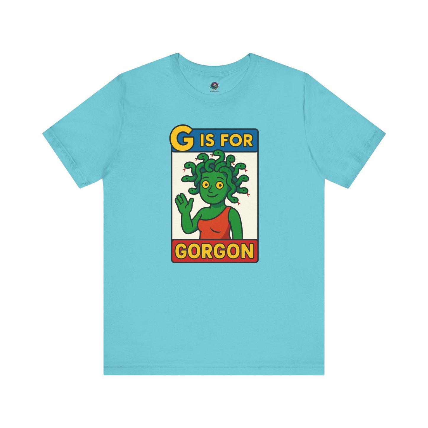 Turquoise G is for Gorgon tee, whimsical gorgon head illustration in alphabet card layout, halloween gorgon shirt.