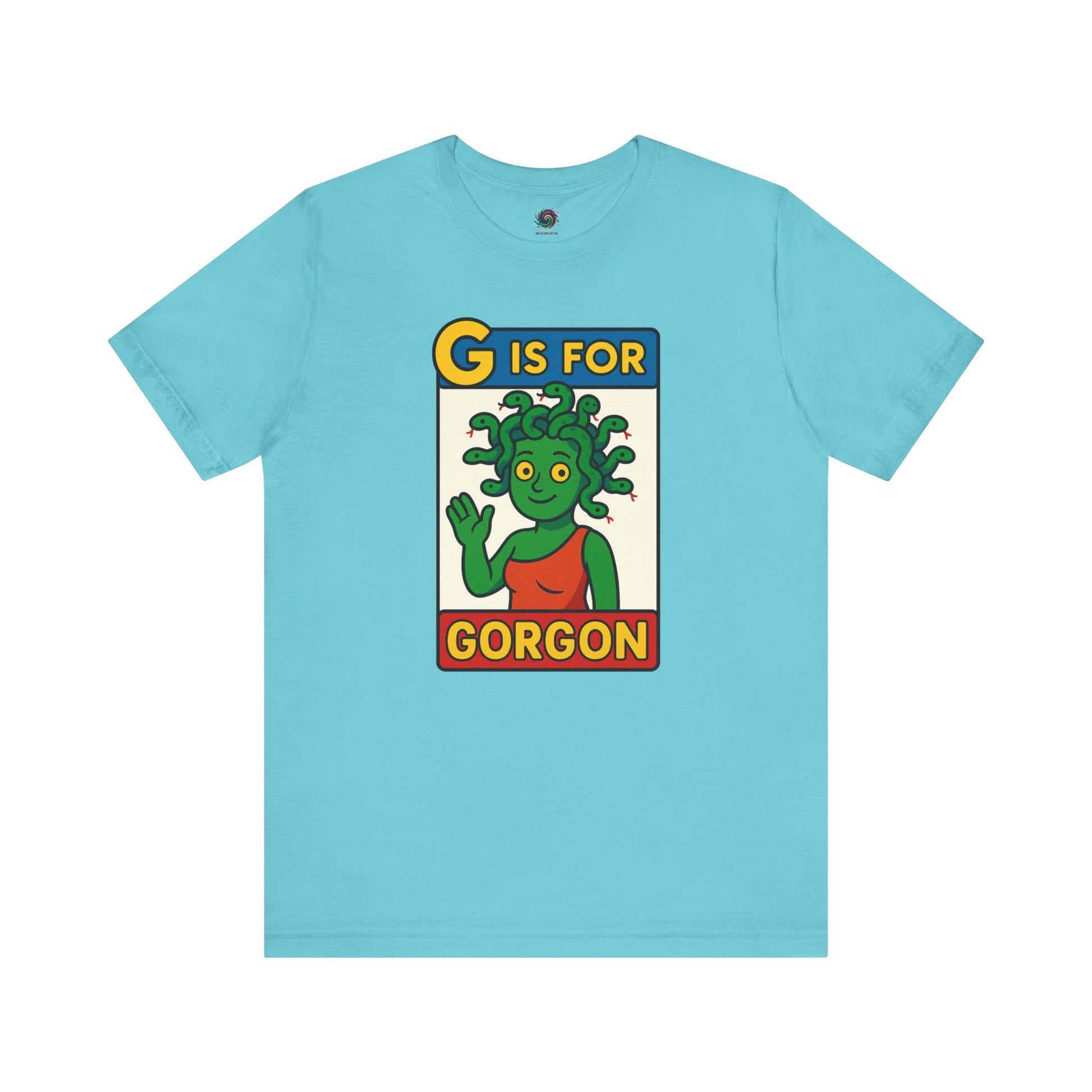 Turquoise G is for Gorgon tee, whimsical gorgon head illustration in alphabet card layout, halloween gorgon shirt.