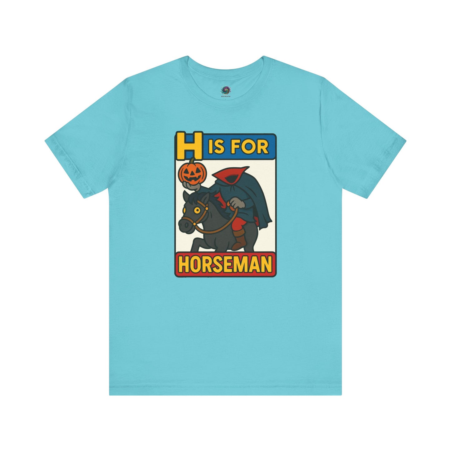H is for Horseman T-Shirt – Headless Horseman Halloween Tee in turquoise, flat lay pumpkin-headed rider design, funny headless horseman shirt.