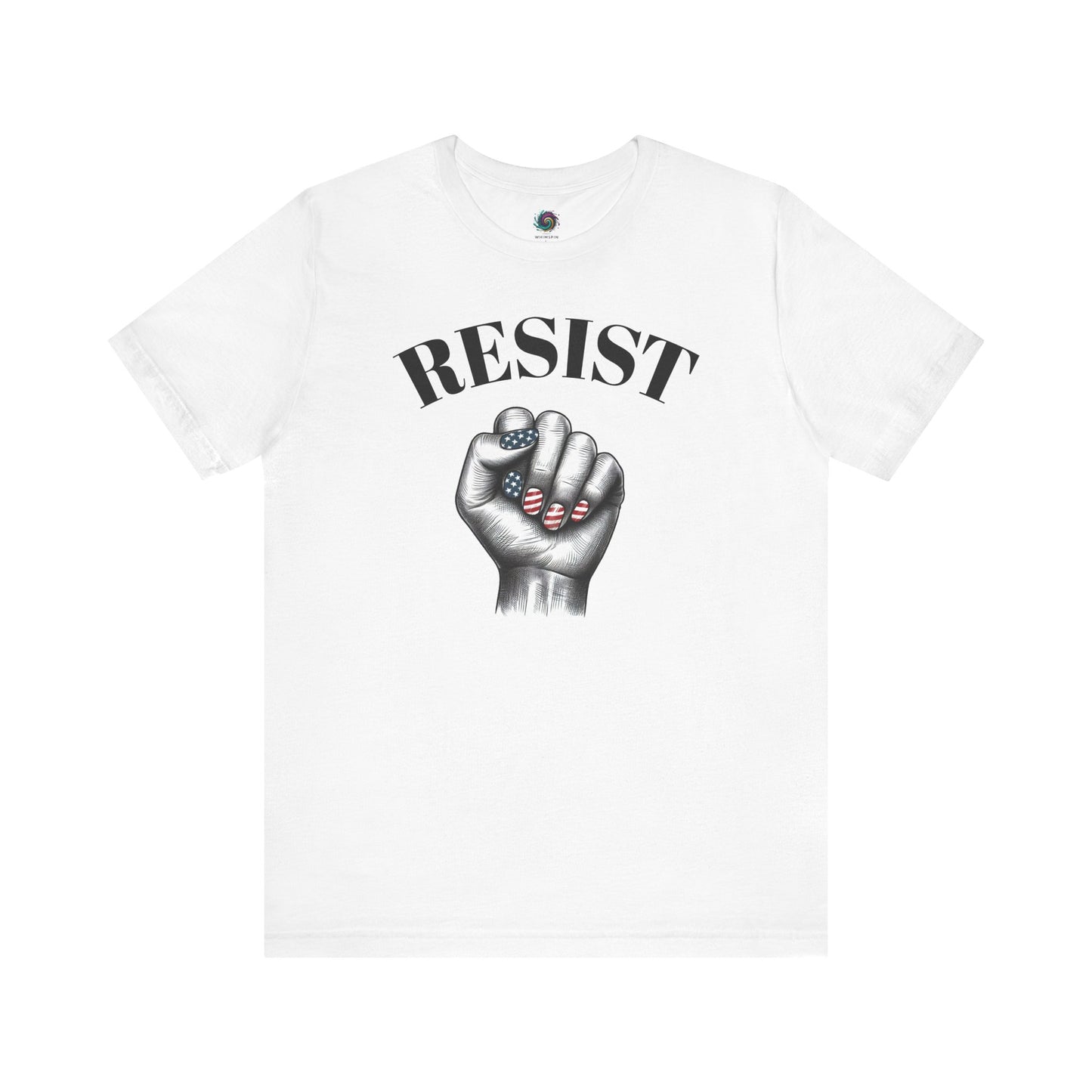 Resist Feminist Power Fist Tee in white, clean background makes the detailed protest design pop.