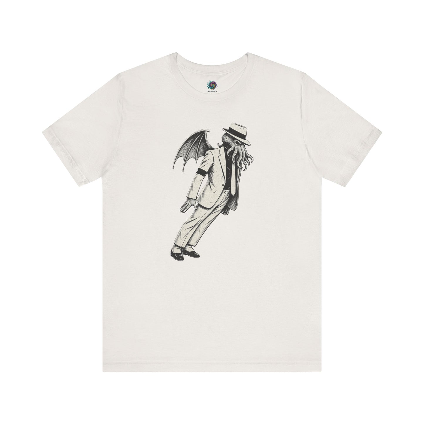 Smooth Cthulhu Unisex T-Shirt – Lovecraft Meets Smooth Criminal Style in vintage white, flat lay Cthulhu Michael Jackson mash-up shirt.