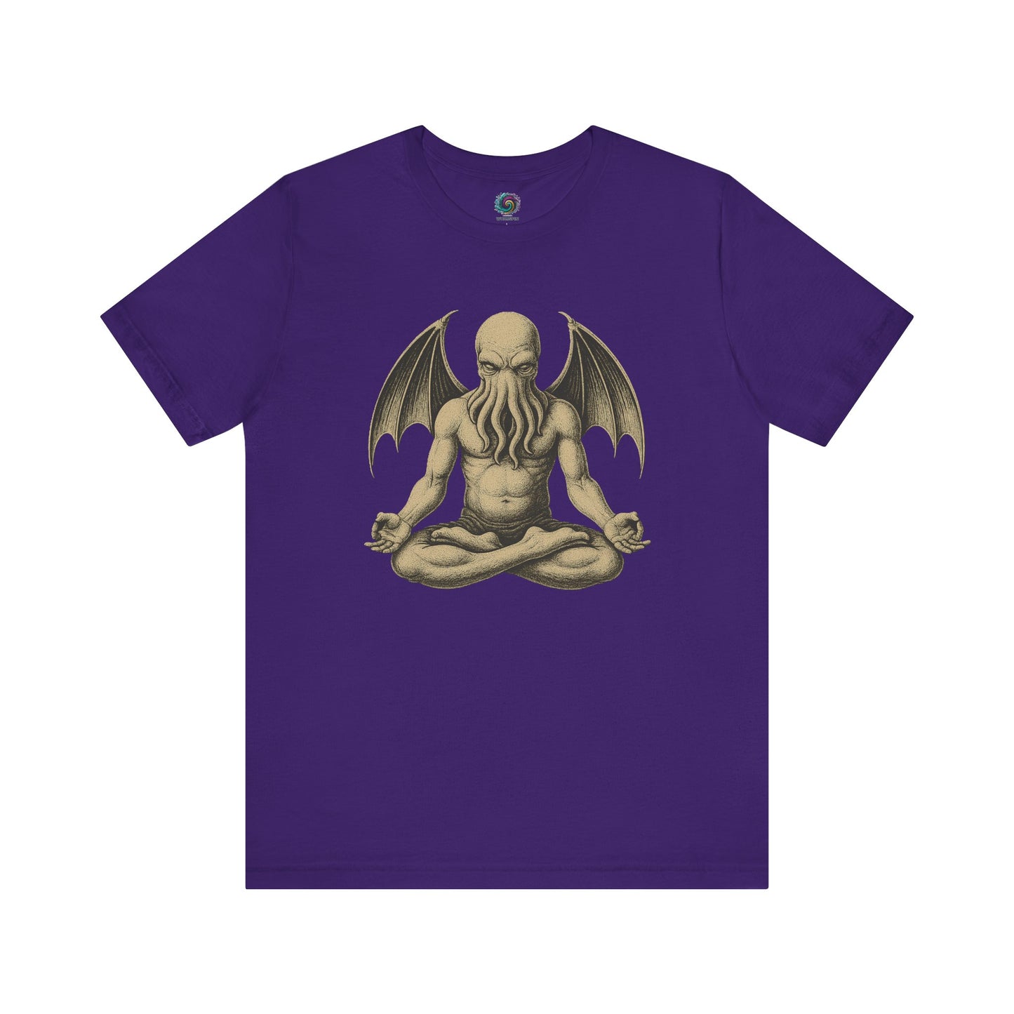 Meditating Cthulhu Shirt – Unisex Mythos Tee for Sci-Fi & Festival Fans in team purple, for fans of sci-fi, cosmic horror, and meditation aesthetics.