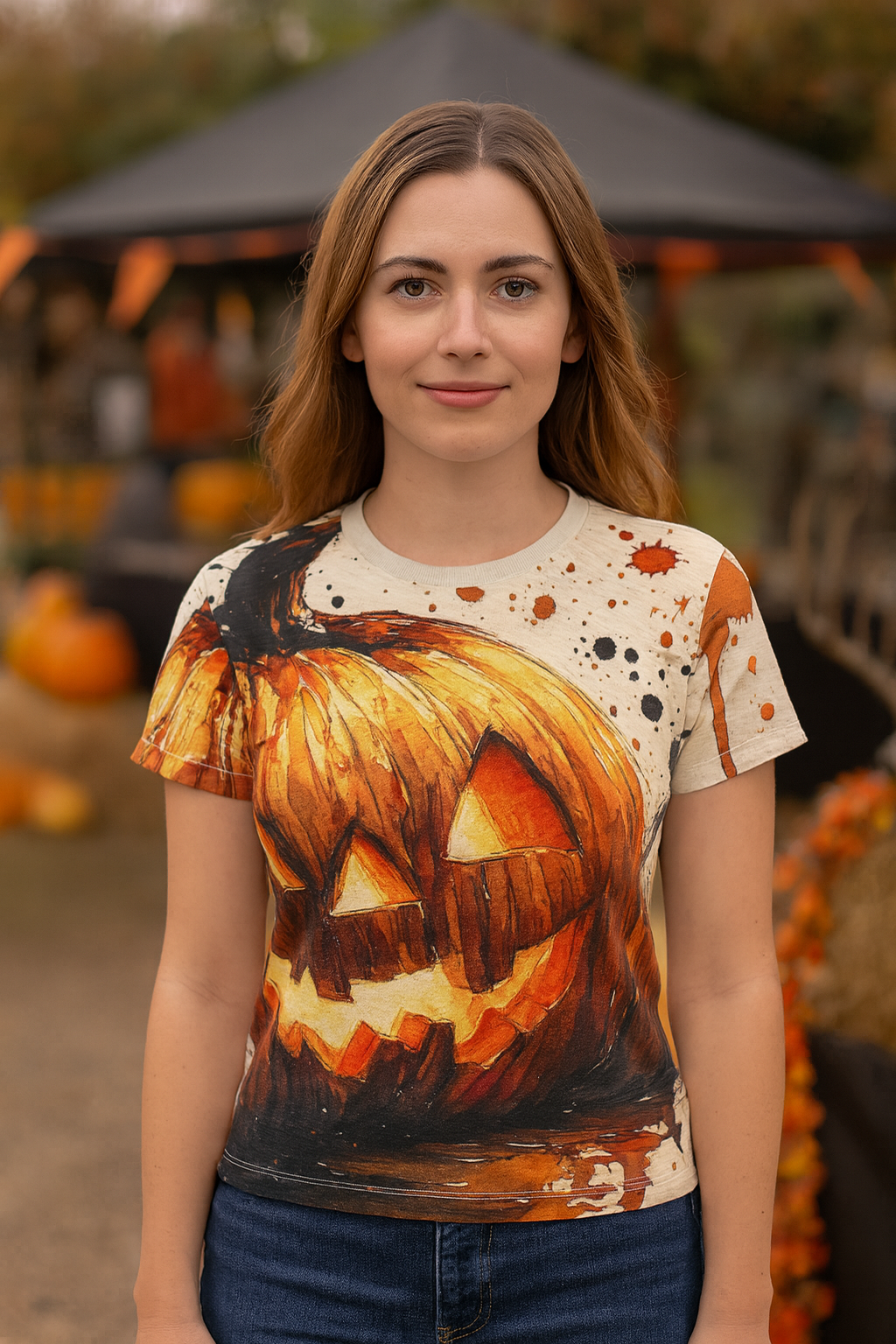 Watercolor Jack-o’-Lantern T-Shirt – Women’s Halloween All-Over Print shown in a pumpkin patch setting, bold jack-o-lantern tshirt for women with vivid orange design.