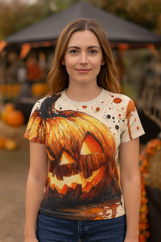 Watercolor Jack-o’-Lantern T-Shirt – Women’s Halloween All-Over Print shown in a pumpkin patch setting, bold jack-o-lantern tshirt for women with vivid orange design.