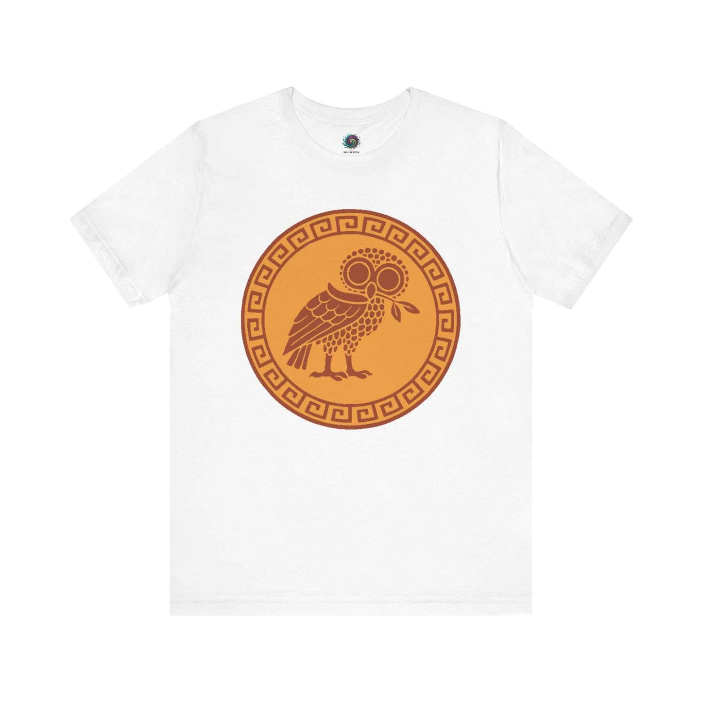 White Greek Mythology Bird Tee From WhimSpin Athena's bird, an owl, holding an olive branch in it's mouth in the style of an ancient Greek amphora.