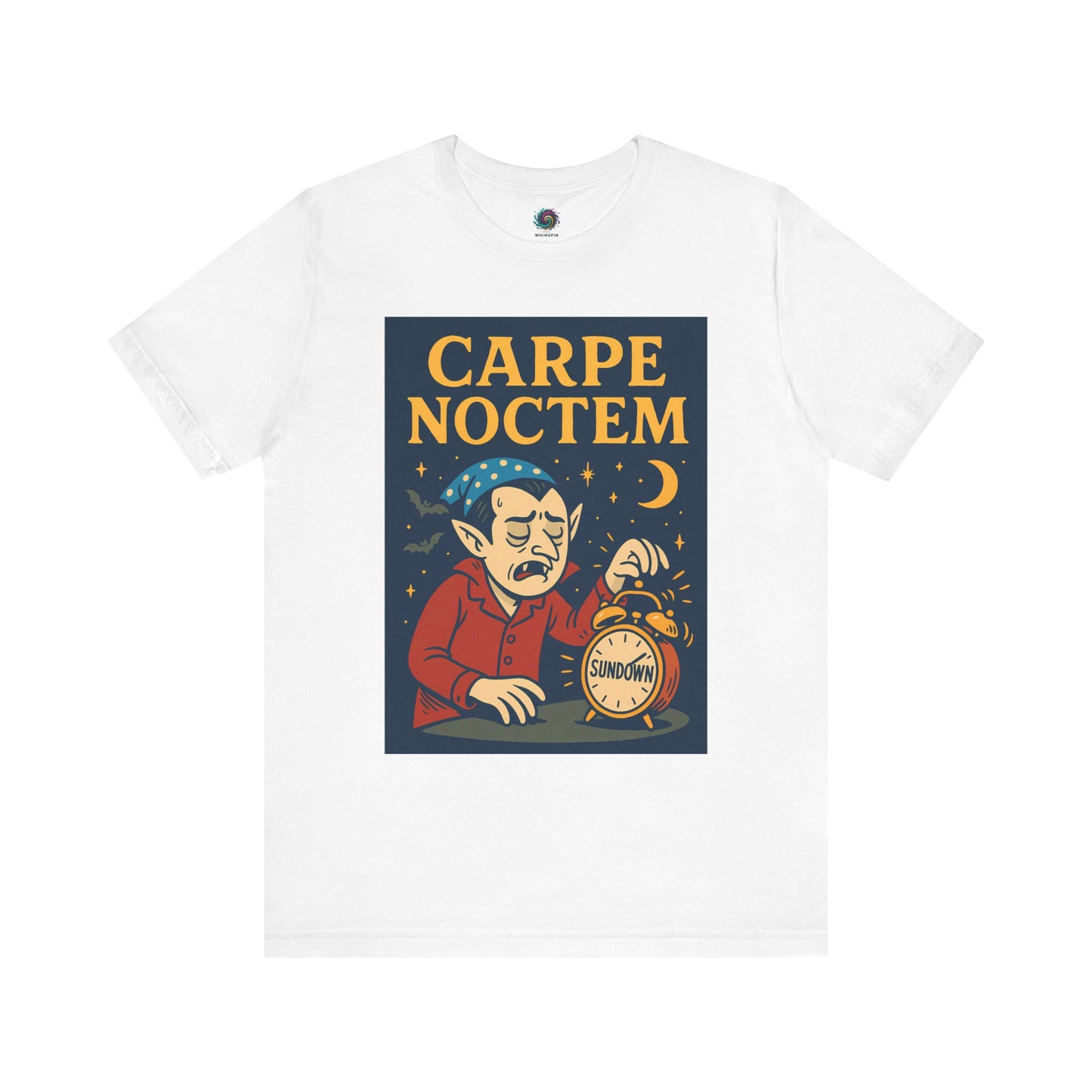 White tshirt with 'Carpe Noctem' graphic design featuring a vampire with an alarm clock and moon. Perfect for Halloween parties and night owls