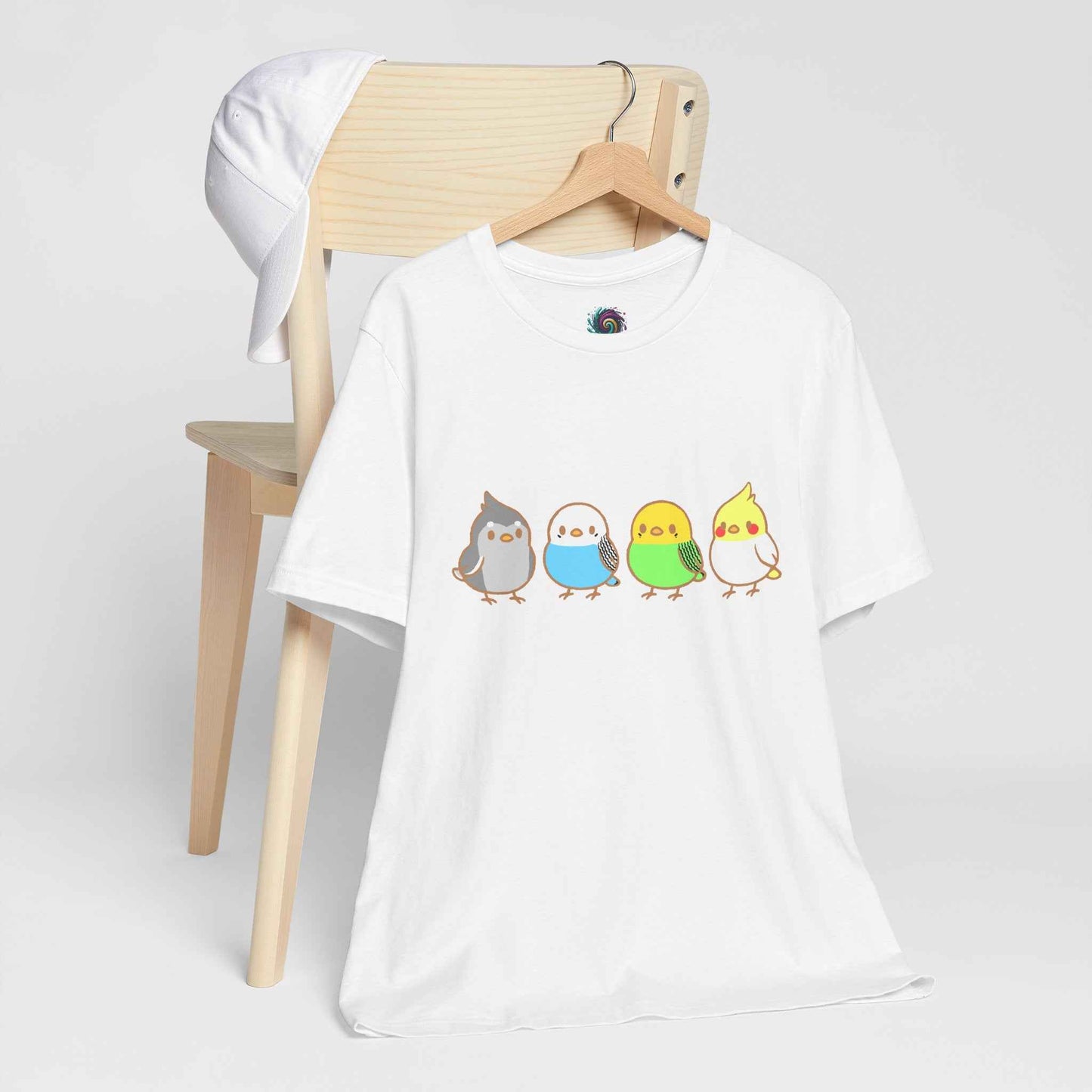 White Chirpy Flock Bird T-Shirt from WhimSpin 4 chibi cartoon pet birds lined up in a row.
