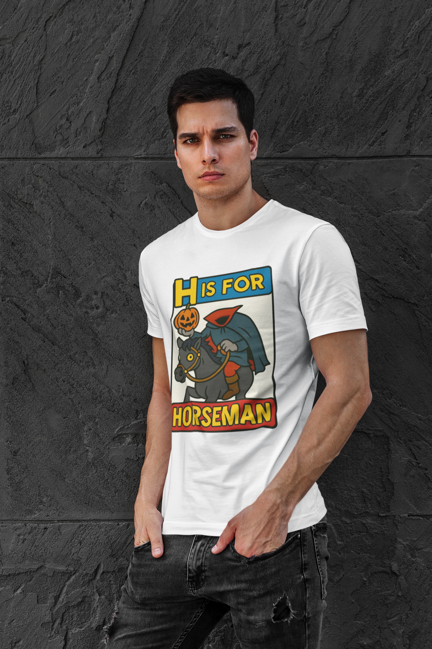 H is for Horseman T-Shirt – Headless Horseman Halloween Tee in white, lifestyle shot, funny headless horseman shirt from Monster Alphabet series.