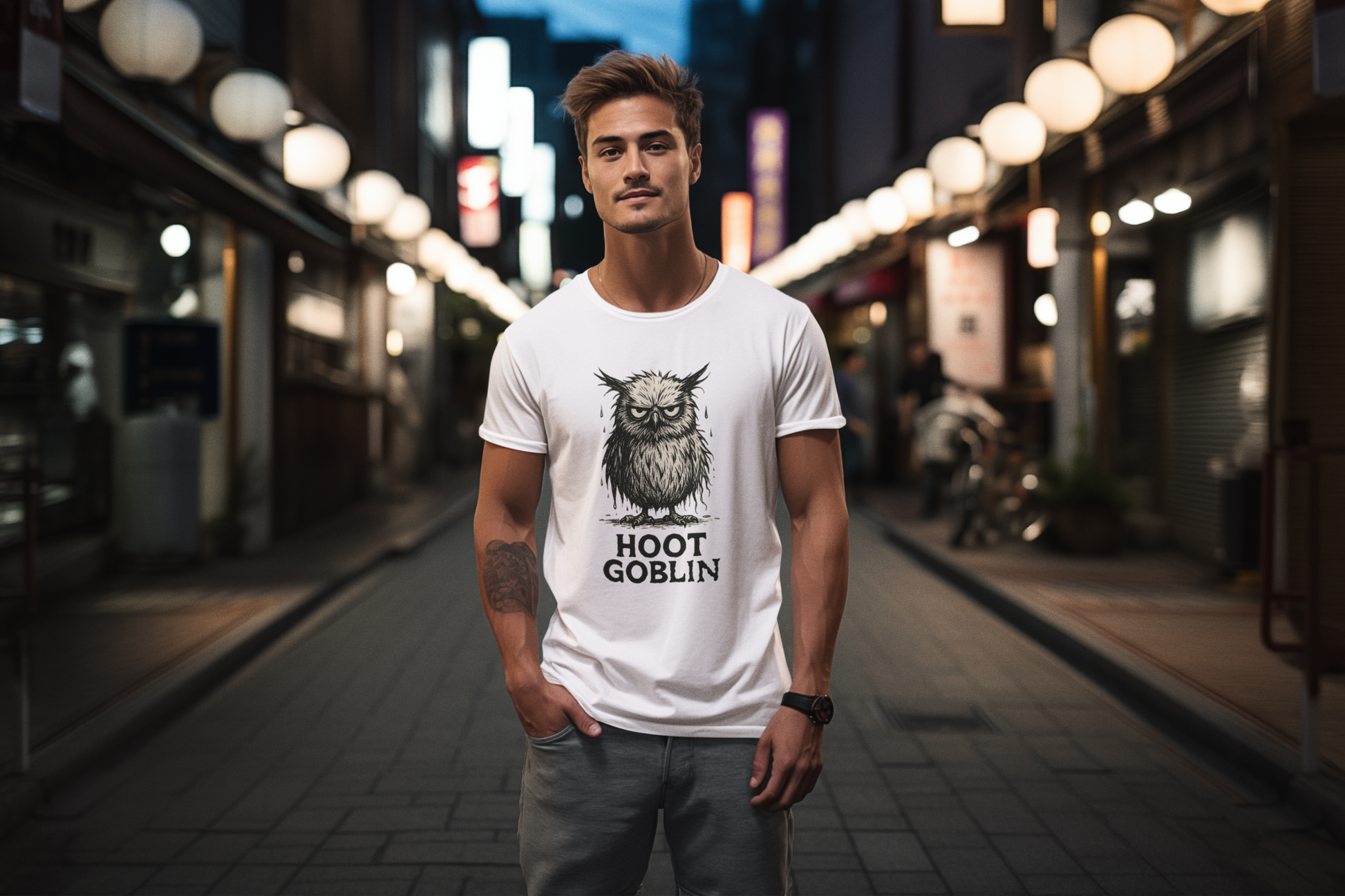 Man wearing a white t-shirt with an owl graphic and 'Hoot Goblin' text on a city street at night from WhimSpin.