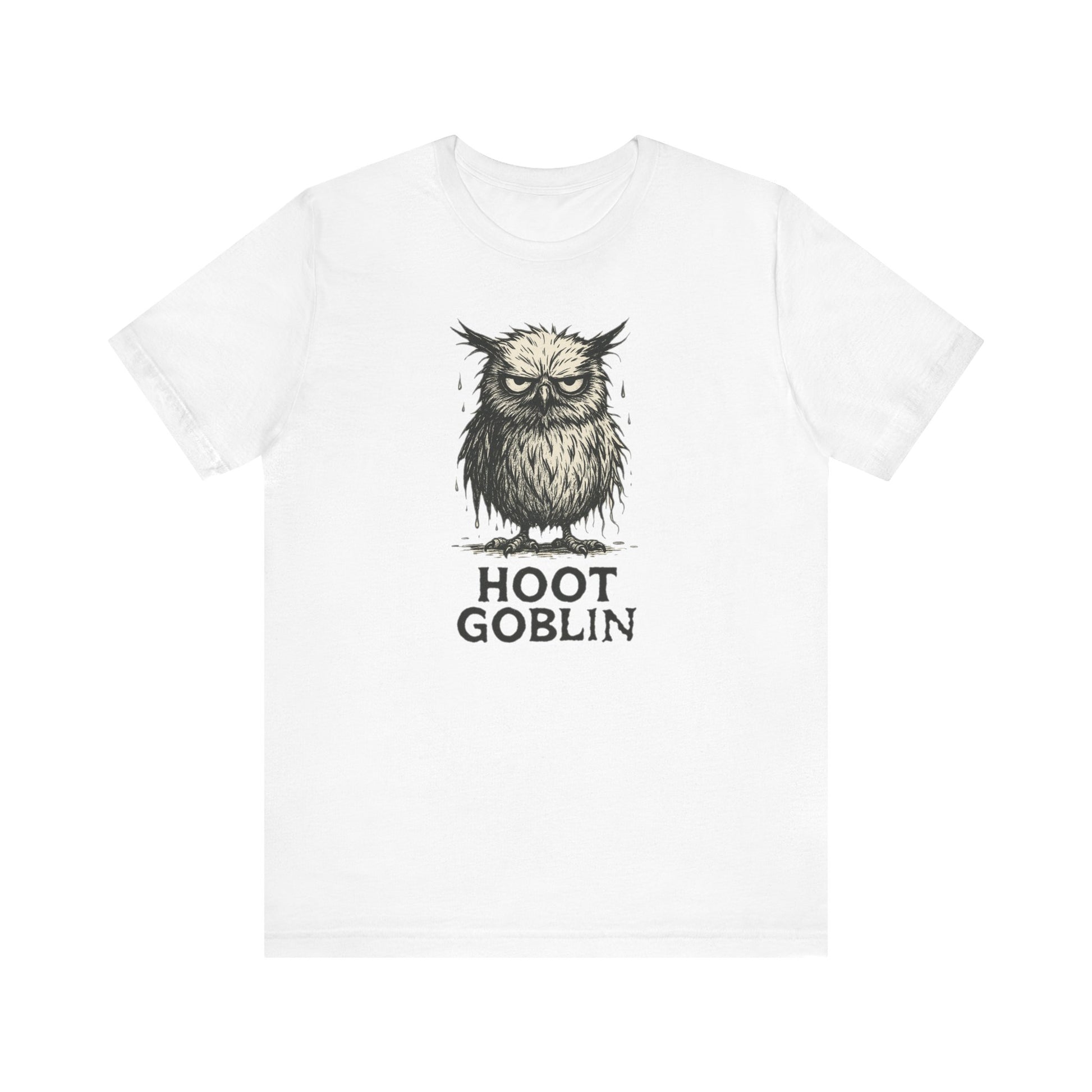 White t-shirt with 'Hoot Goblin' owl graphic design on a white background