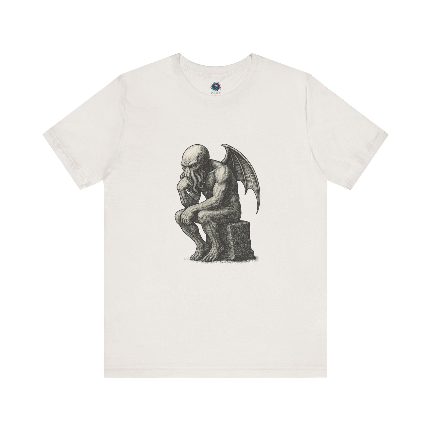 The Thinker Cthulhu Shirt – Lovecraftian Funny T-Shirt Unisex Graphic Tee in white with a shaded illustration of Cthulhu as The Thinker sculpture.