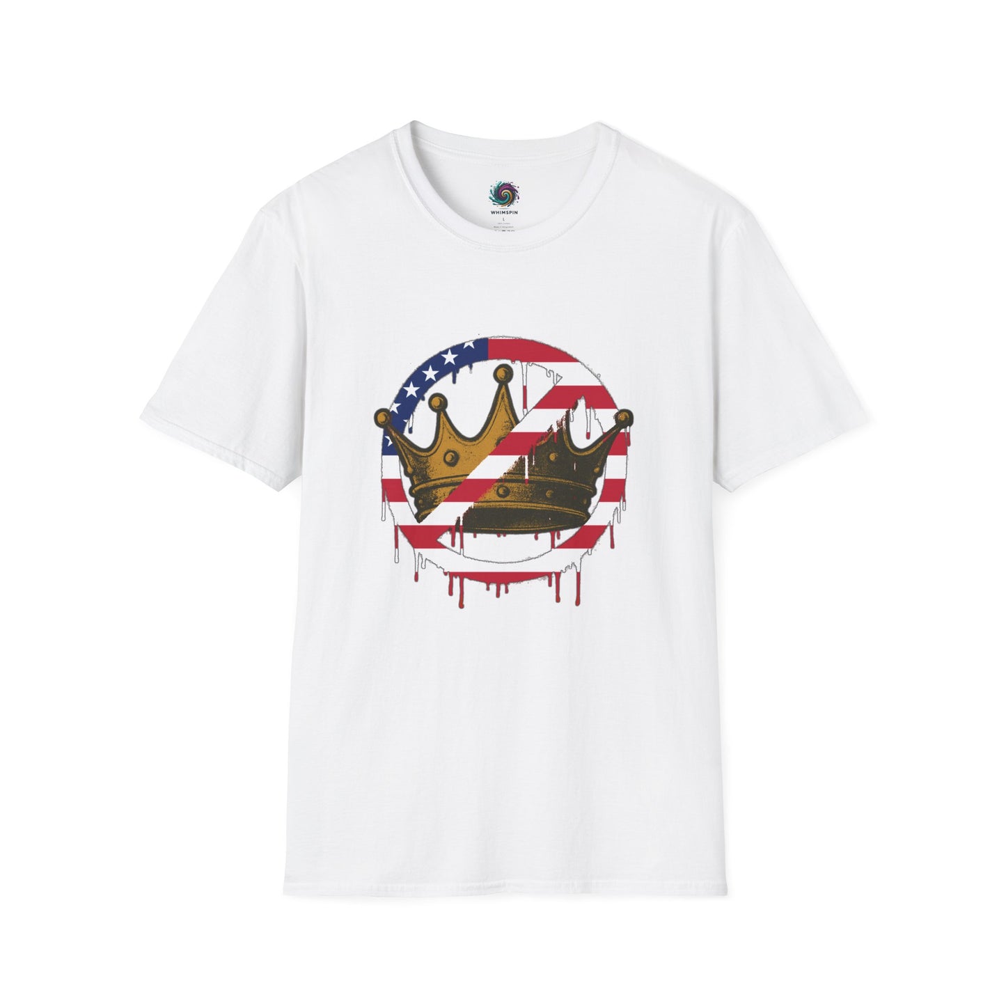 White No Kings Protest T-Shirt from WhimSpin with a graphic design featuring a crown with the "no" slashed circle symbol drawn in an American flag pattern on a white background