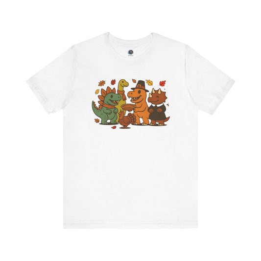 Thanksgiving Dinosaur T-Shirt – Funny Dino Thanksgiving Tee in classic white, showcasing a colorful group of dinosaurs celebrating Thanksgiving.
