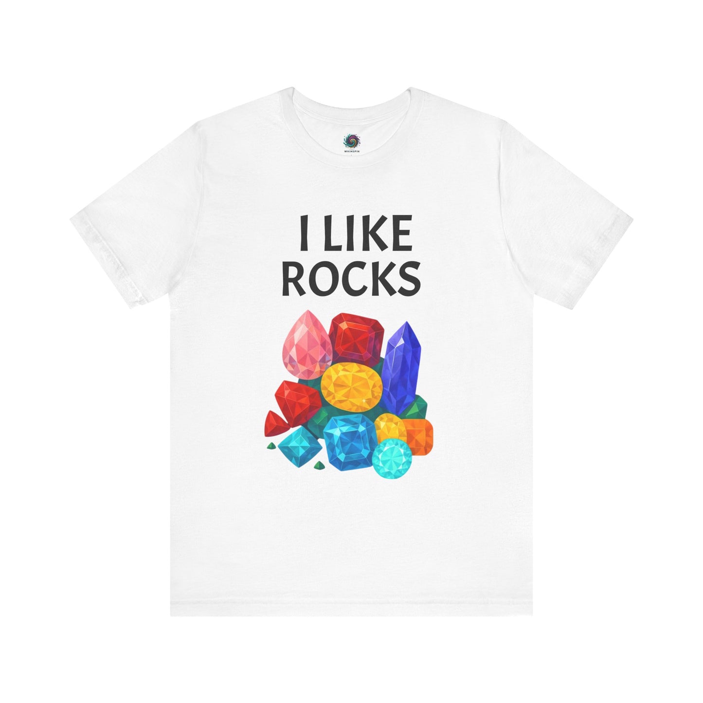 White I Like Rocks Shirt from Whimspin on a white background