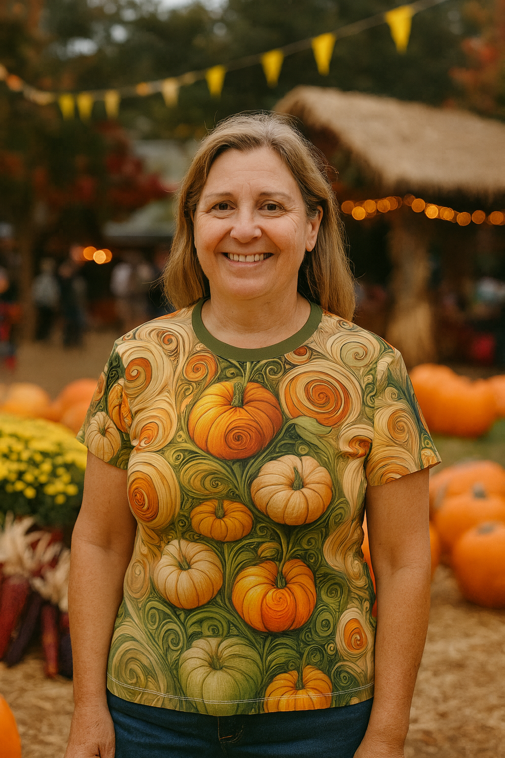 Pumpkin Swirl All-Over Print Women’s T-Shirt – Fall Art Tee featuring elegant swirly pumpkins in shades of orange, gold, and green, worn by a smiling woman surrounded by autumn pumpkins and festive decor.