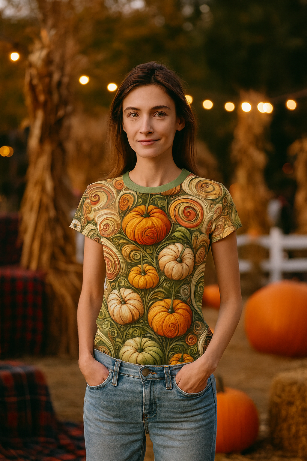 Pumpkin Swirl All-Over Print Women’s T-Shirt – Fall Art Tee with swirling orange and cream pumpkins, worn by a woman enjoying a cozy evening at a harvest festival with twinkling lights in the background.