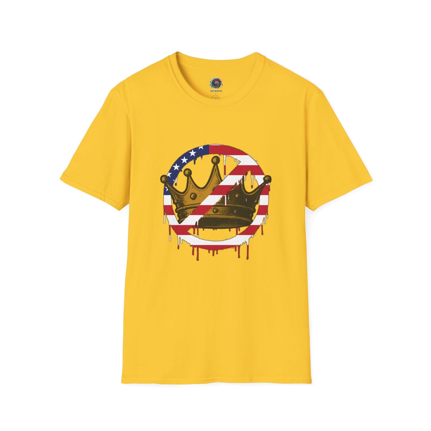 Yellow No Kings Protest T-Shirt from WhimSpin with a graphic design featuring a crown with the "no" slashed circle symbol drawn in an American flag pattern on a white background