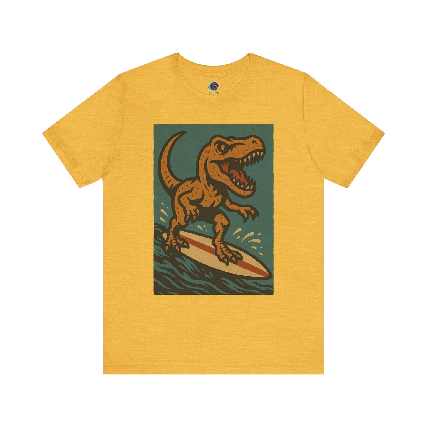 Yellow Surfing t-rex t shirt from WhimSpin- A rearing t Rex riding a yellow surf board on the waves