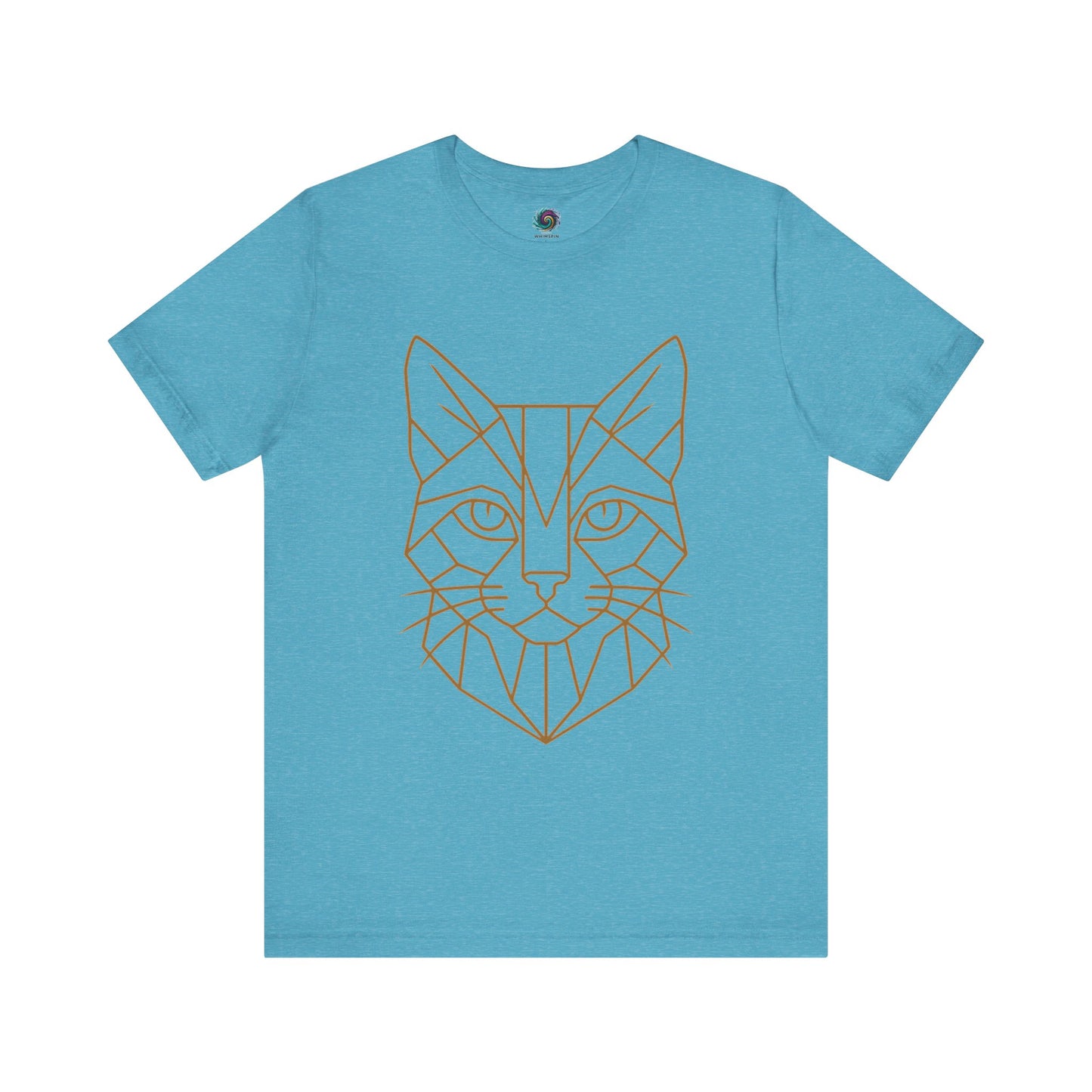 Turquoise t shirt with a cat head drawn in geometric lines - Geometric Cat T-Shirt – Minimalist Line Art Tee from Whimspin