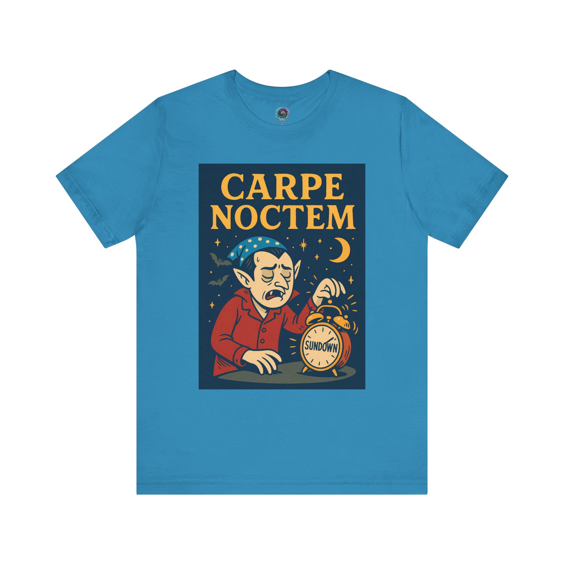 aqua tshirt with 'Carpe Noctem' graphic design featuring a vampire with an alarm clock and moon. Perfect for Halloween parties, dark humor lovers, and night owls