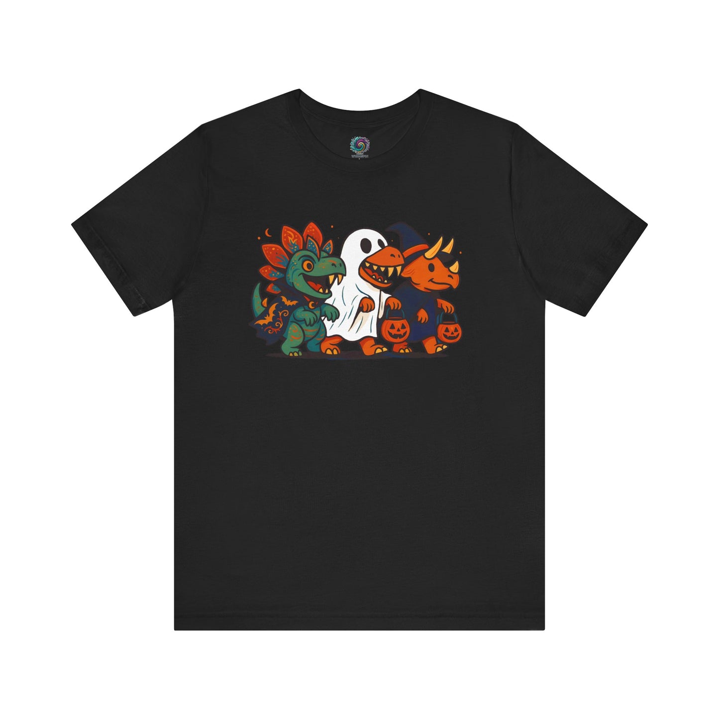Black t-shirt with colorful dinosaurs tick-or-treating design on a white background