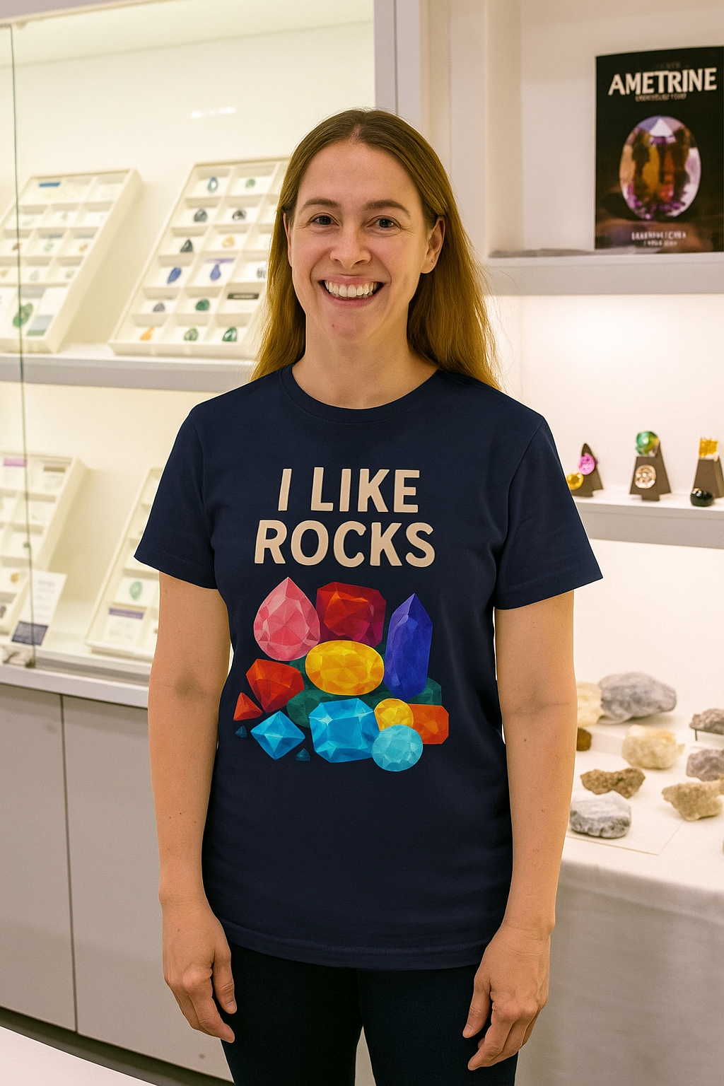 A woman wearing a 'I Like Rocks' t-shirt with colorful gemstone graphics stands in front of a gemstone display.