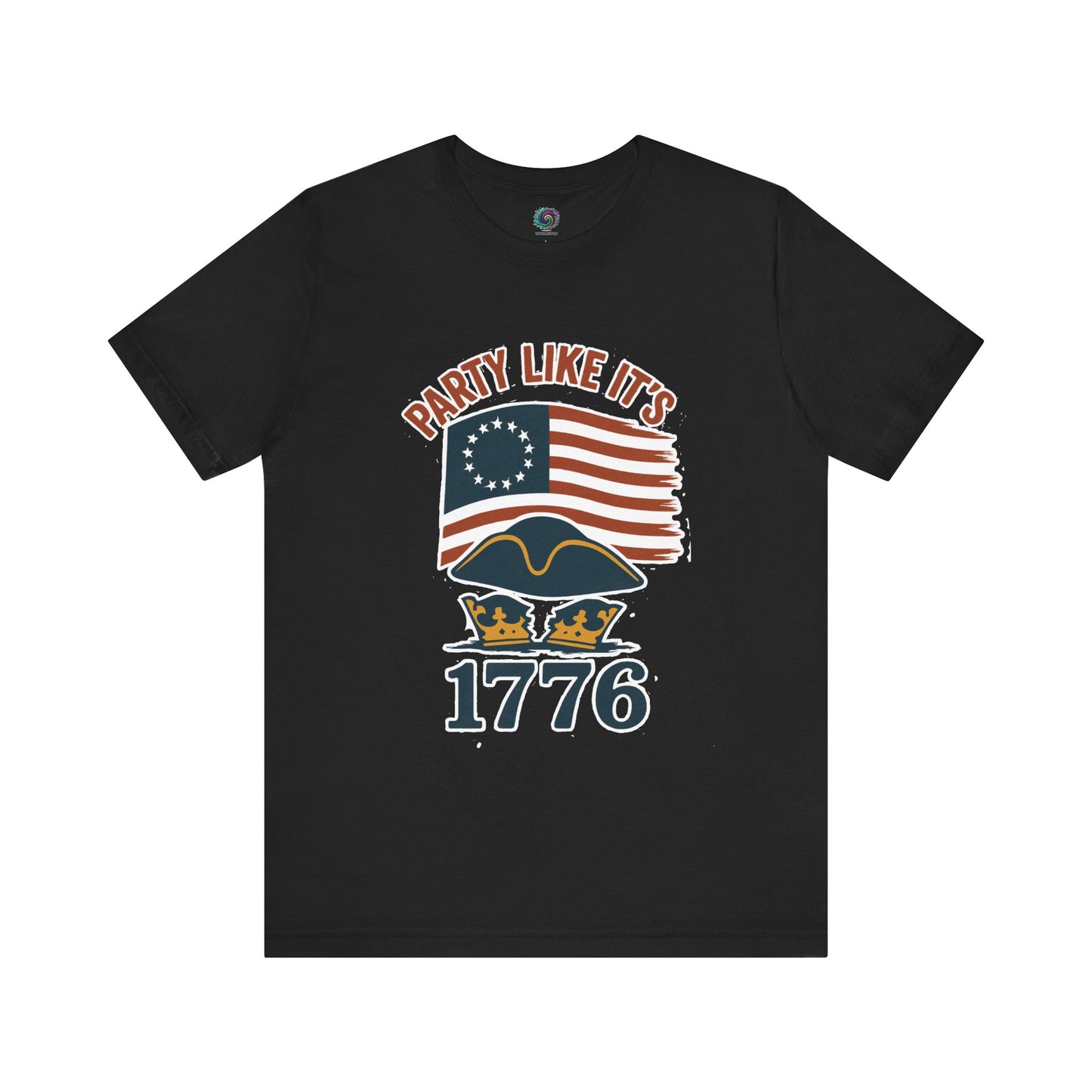 Black t-shirt with 'Party Like It's 1776' text and a US colonial flag and a tricorner hat overtop a crown graphic design featuring an American flag on a white background.