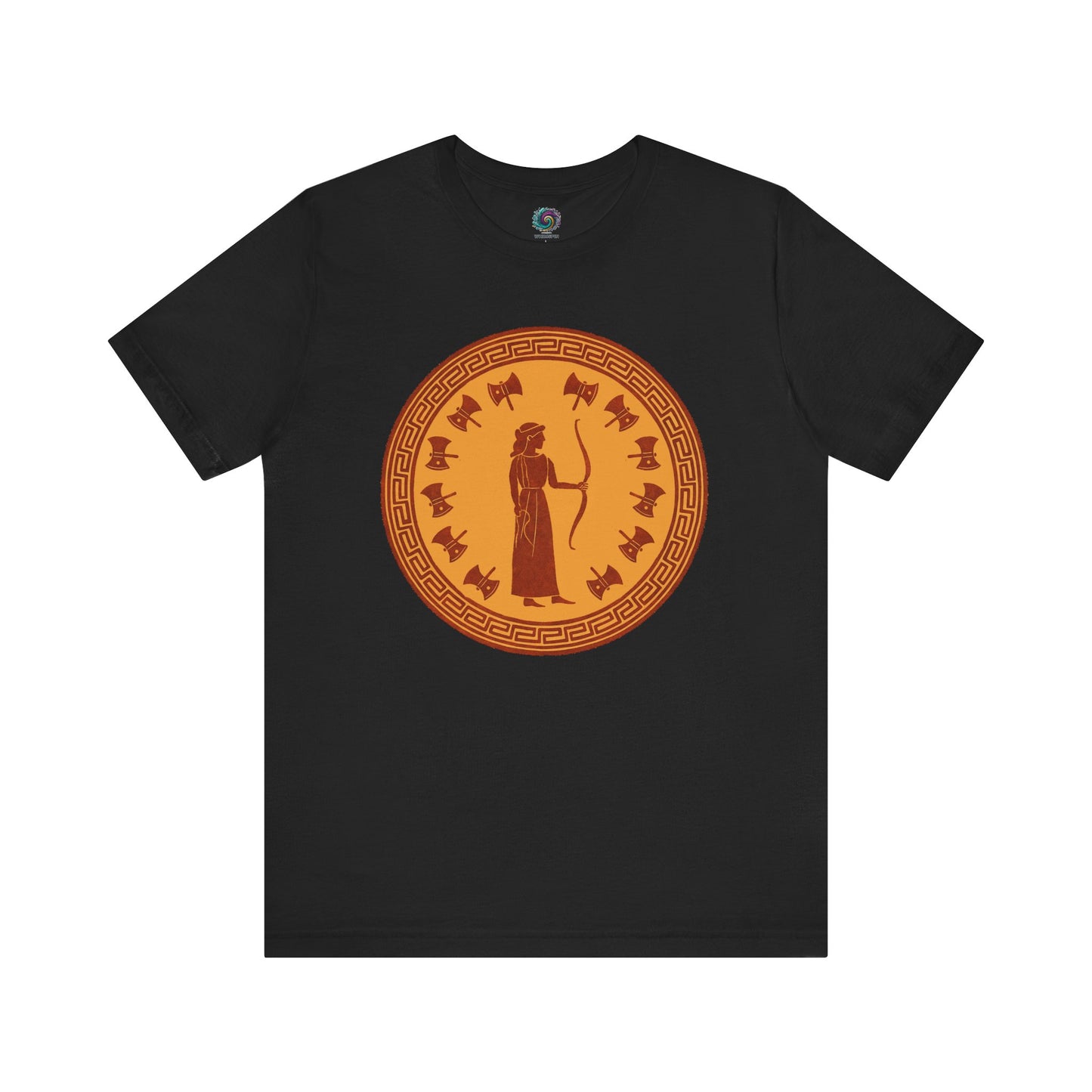 Black Penelope Epic Queen of Ithaca T shirt from Whimspin. The shirt features an image of a woman in ancient Grecian robes holding a bow and surrounded by 12 axes. The images is in terracotta cotta red and gold in the style of ancient amphora art.