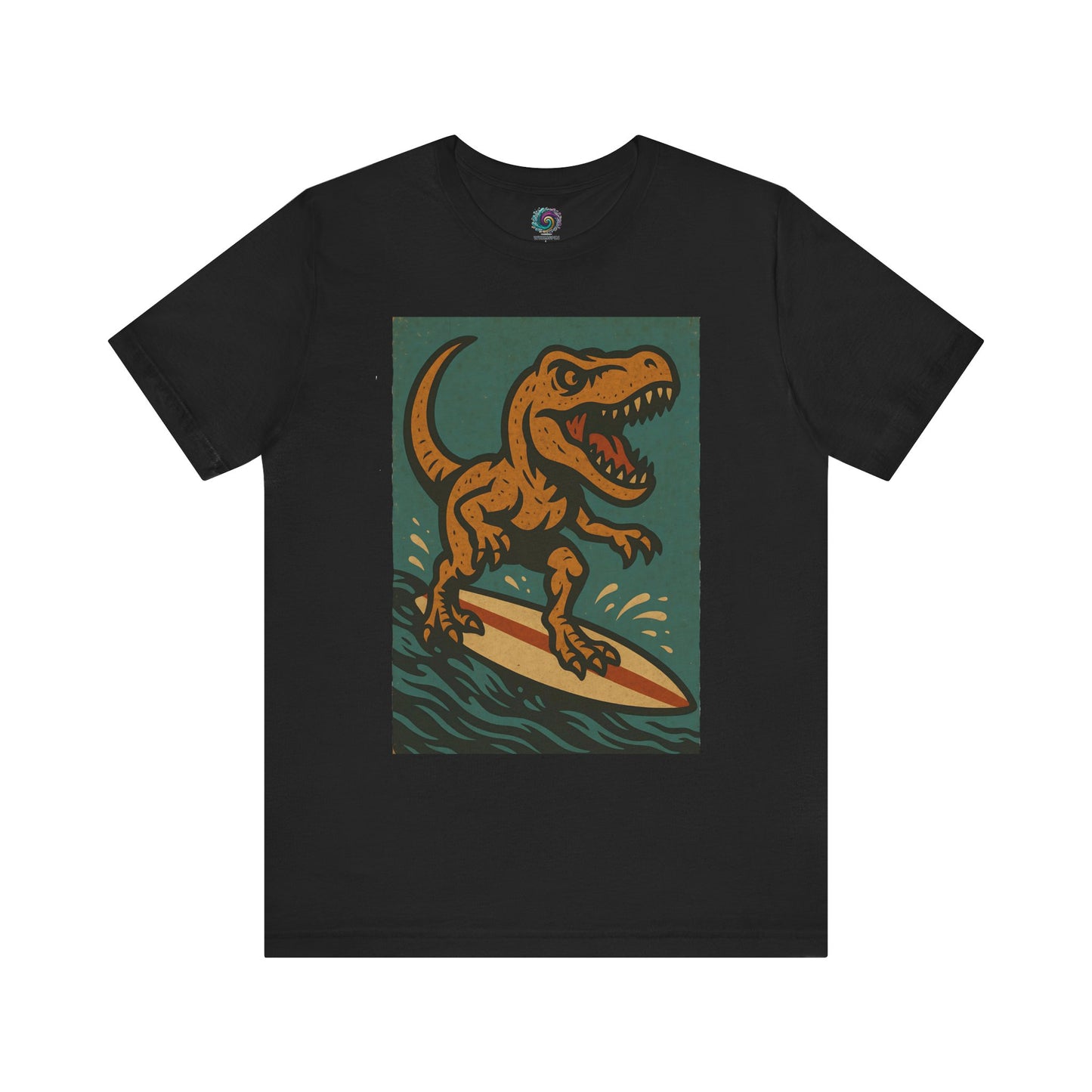 Black Surfing t-rex t shirt from WhimSpin- A rearing t Rex riding a yellow surf board on the waves