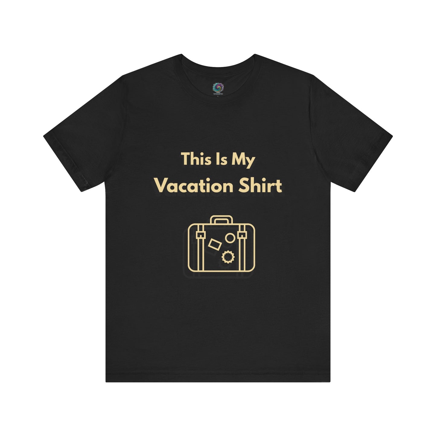 Black "This is My Vacation Shirt" Tee from WhimSpin - a black tshirt with "This is My Vacation Shirt" written in yellow over top an yellow outline of a suitcase