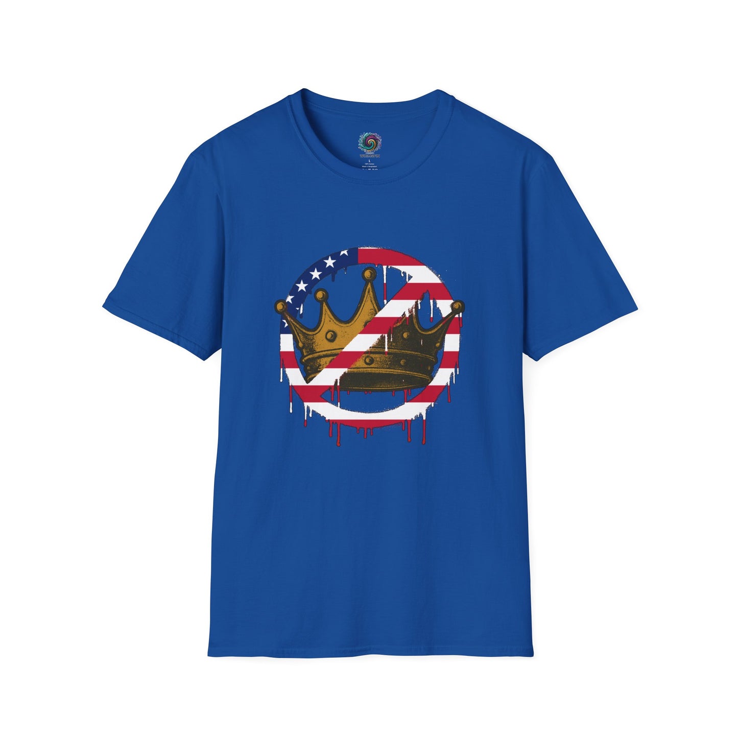 Blue No Kings Protest T-Shirt from WhimSpin with a graphic design featuring a crown with the "no" slashed circle symbol drawn in an American flag pattern on a white background
