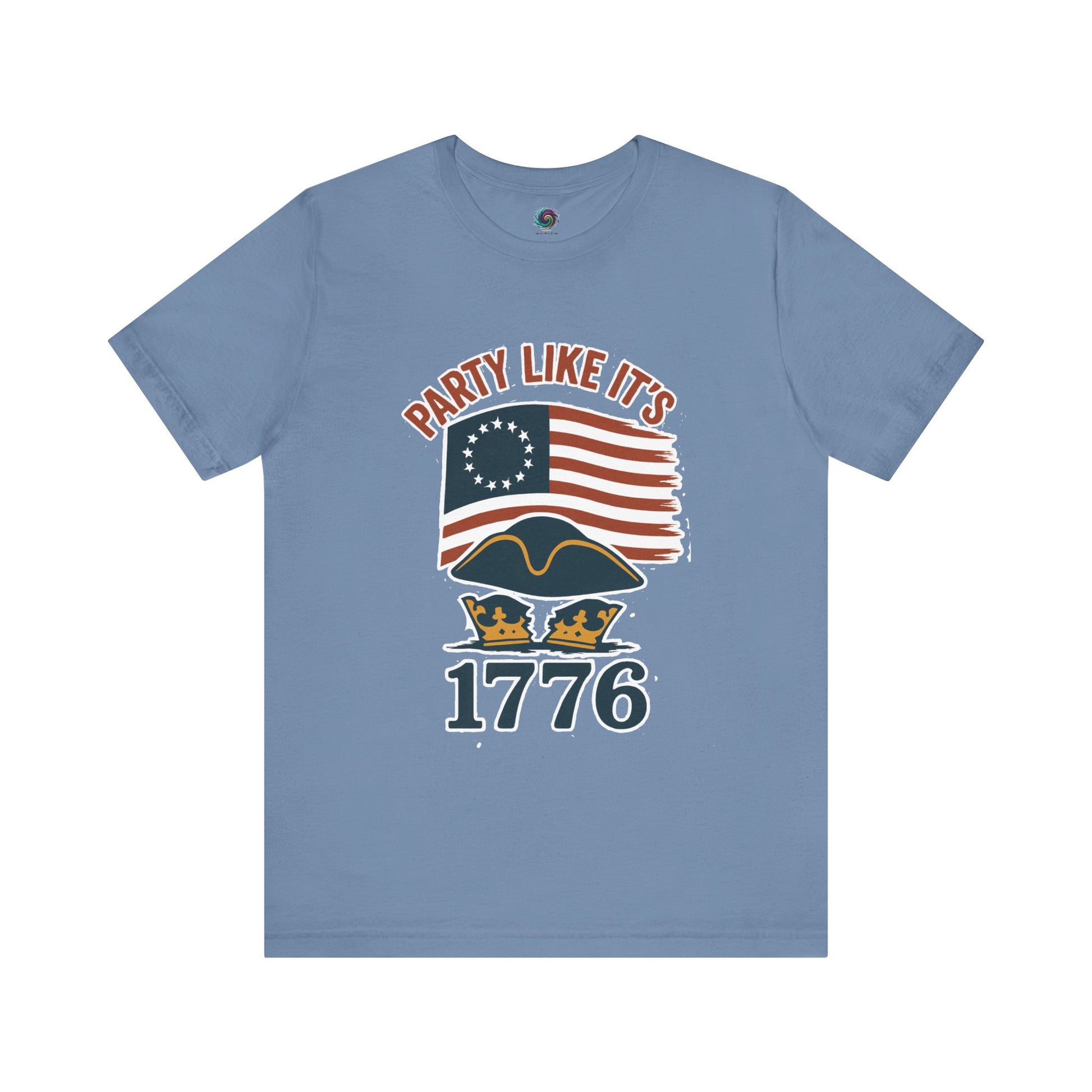 Blue t-shirt with American flag and 'Party Like It's 1776' text on a white background