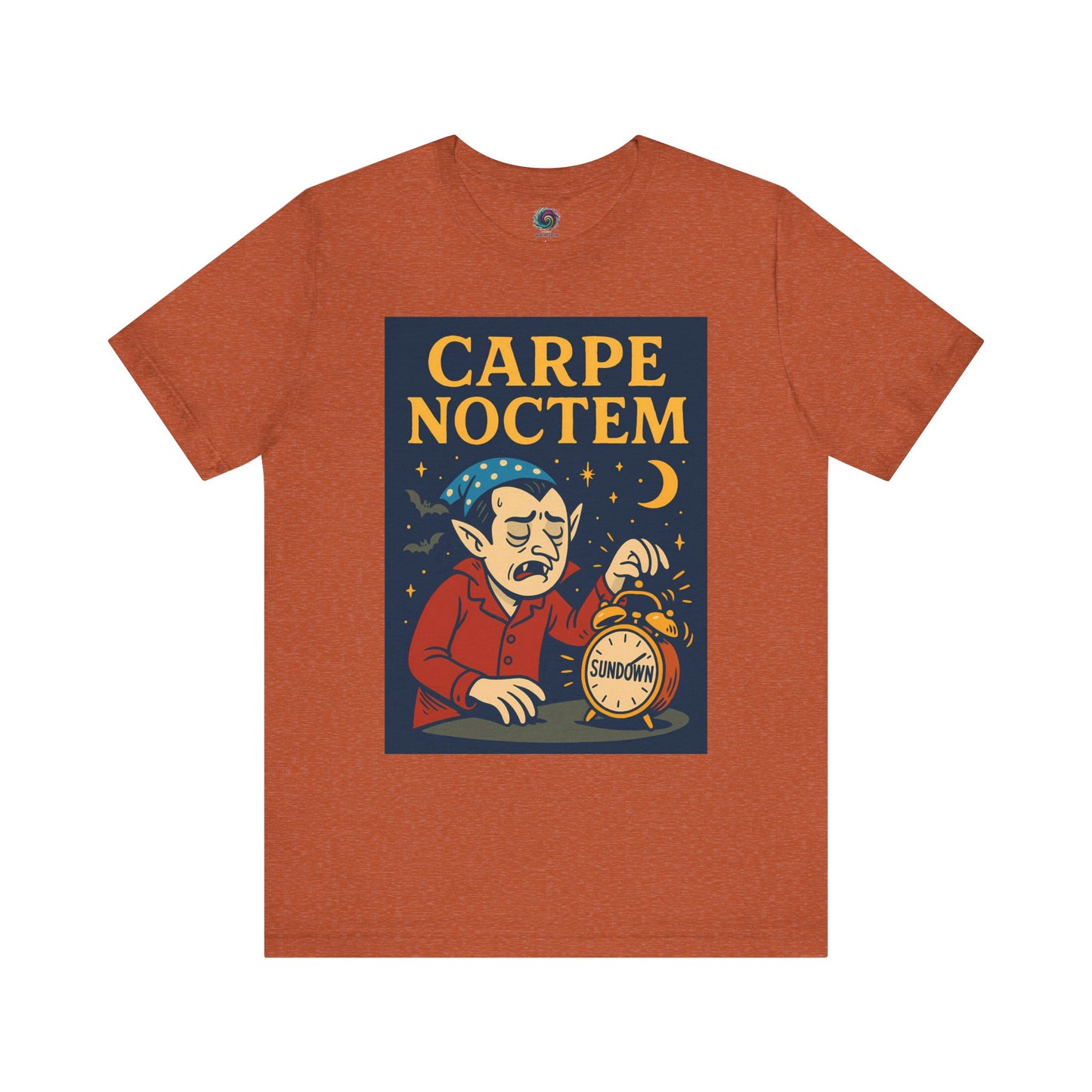 burnt orange tshirt with 'Carpe Noctem' graphic design featuring a vampire with an alarm clock and moon. Perfect for Halloween parties and night owls