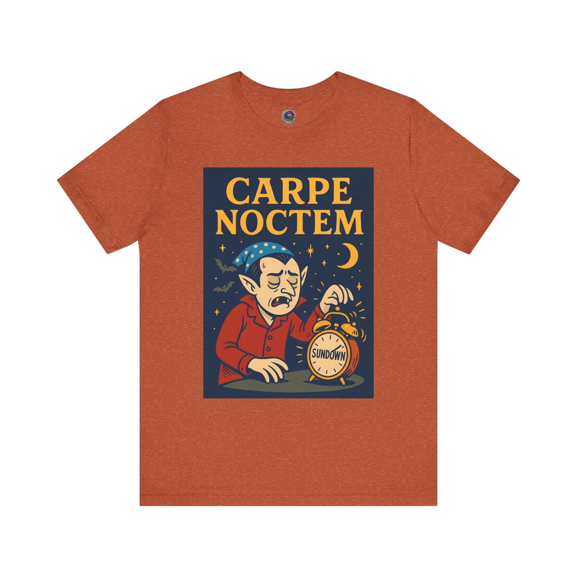 burnt orange tshirt with 'Carpe Noctem' graphic design featuring a vampire with an alarm clock and moon. Perfect for Halloween parties and night owls
