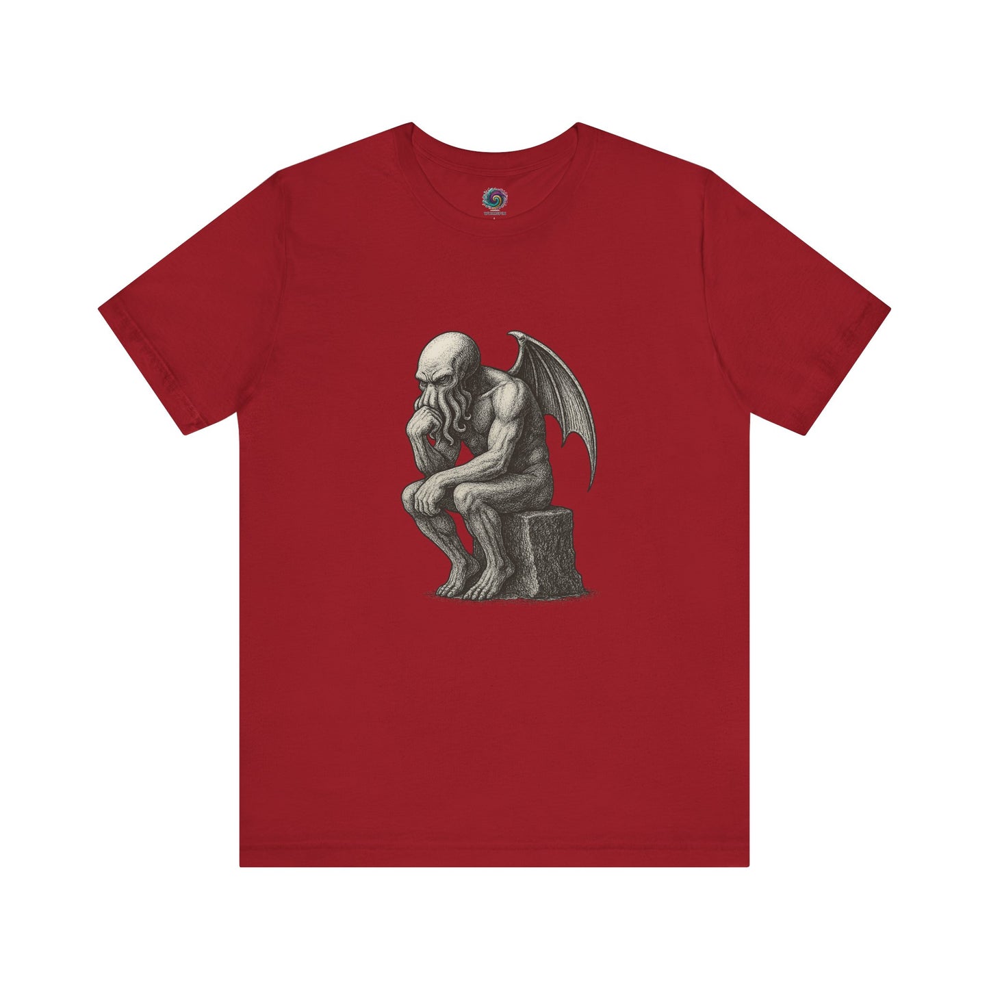 The Thinker Cthulhu Shirt – Lovecraftian Funny T-Shirt Unisex Graphic Tee in red with a bold thinker parody graphic for horror fans and mythos humor lovers.