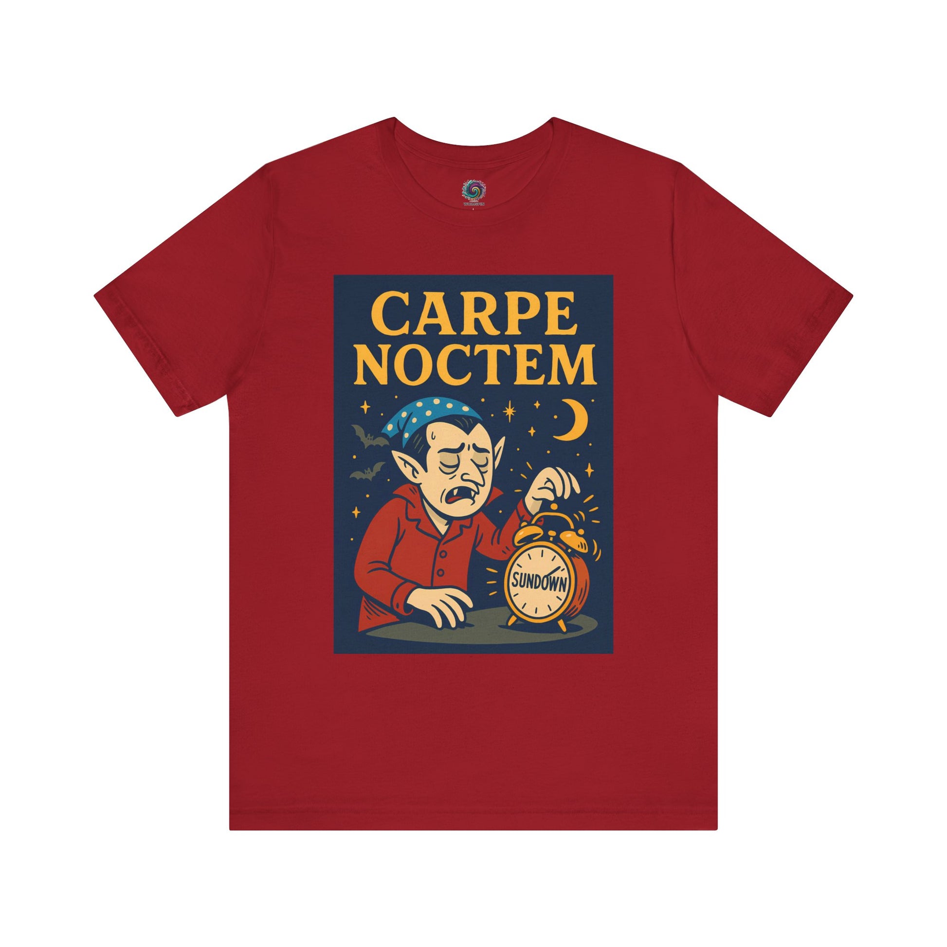 cardinal red tshirt with 'Carpe Noctem' graphic design featuring a vampire with an alarm clock and moon, struggling to wake up for the night. Perfect for Halloween parties, lovers of the nigh, night owls, and people who are not afraid of what goes bump in the night.