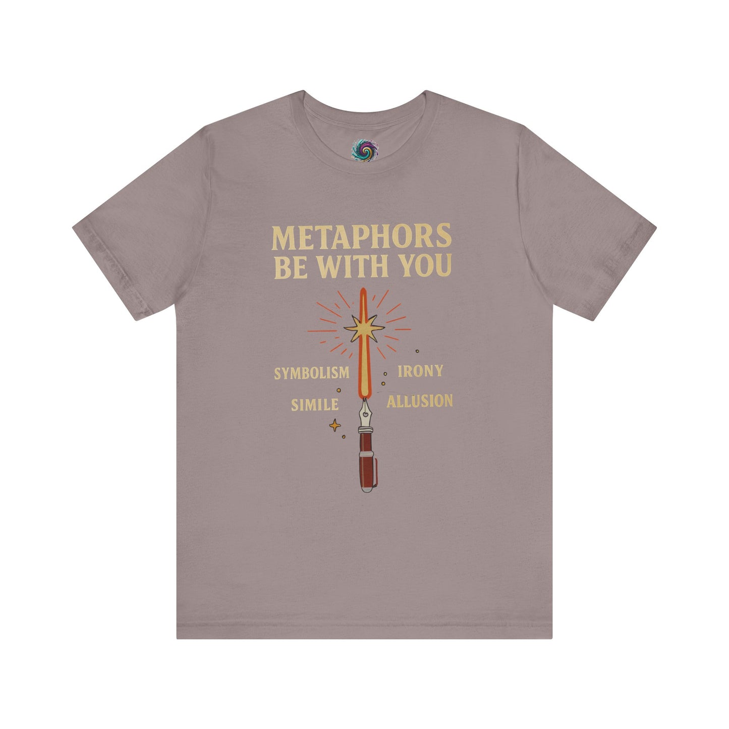 Gray t-shirt with a sword graphic and text on a white background Metaphors Be With You T-Shirt from WhimSpin