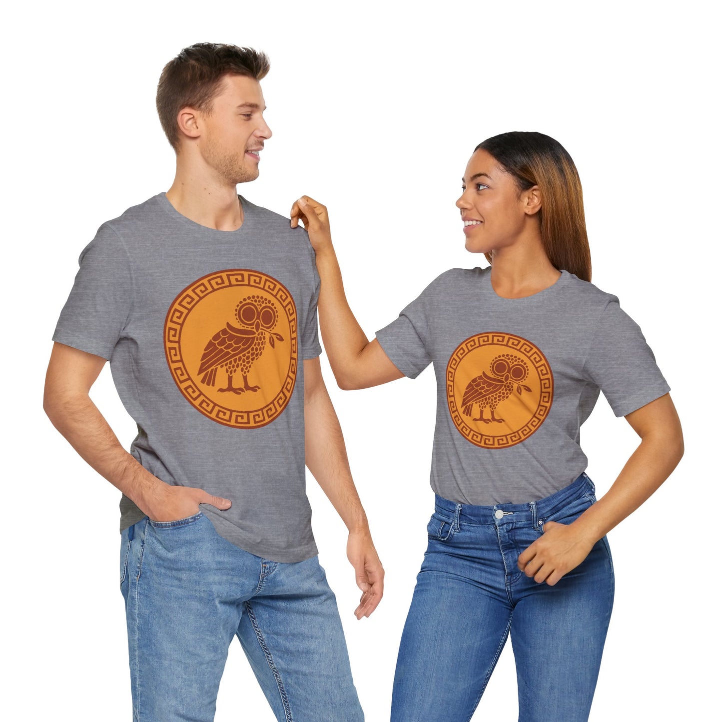 Two people wearing gray t-shirts with an Athenian owl design on a white background