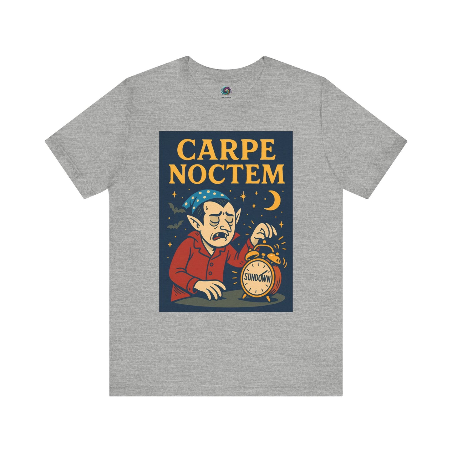 grey tshirt with a dark humor 'Carpe Noctem' graphic design featuring a vampire with an alarm clock and moon. Perfect for Halloween parties and night owls
